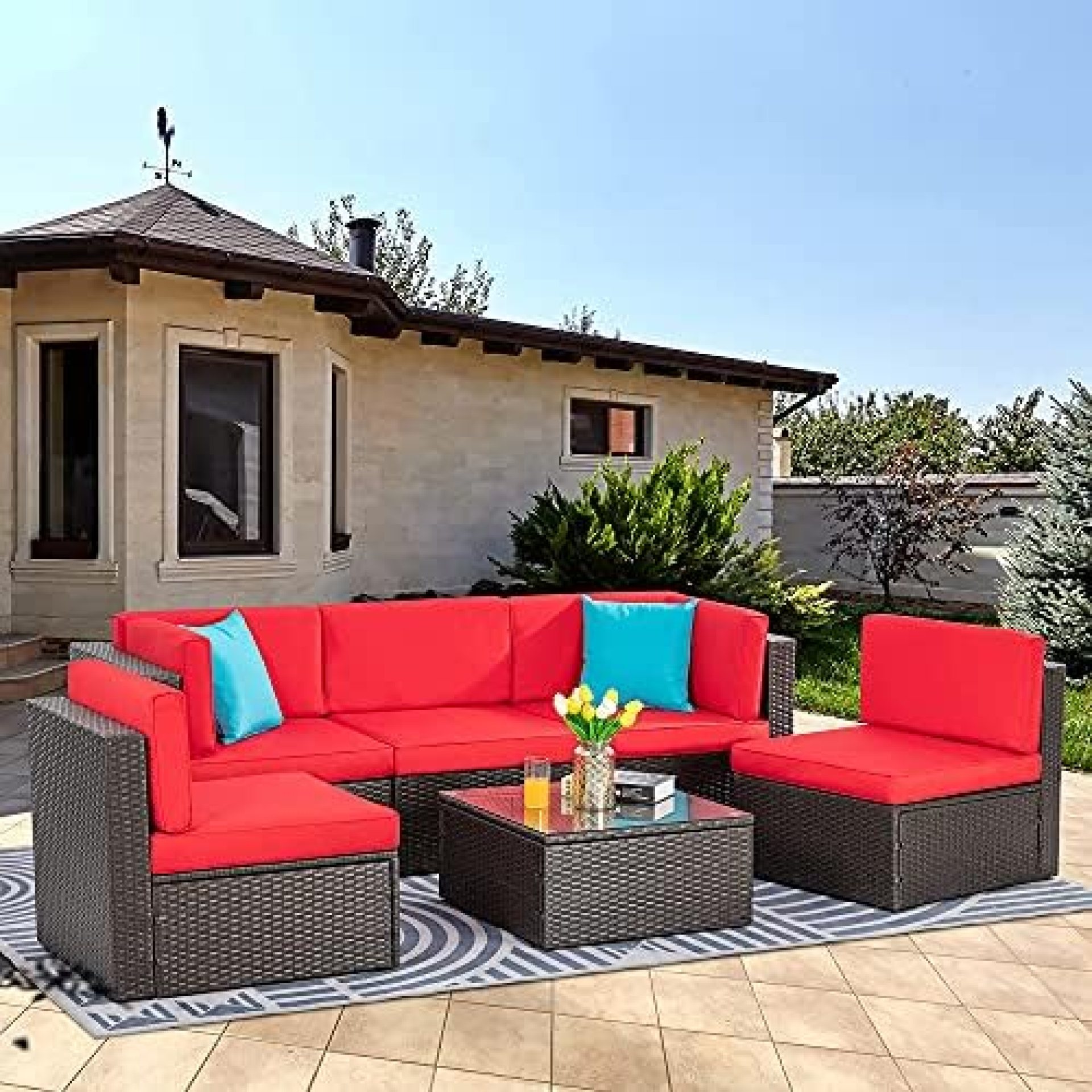 Vongrasig 6 Piece Small Patio Furniture Sets, Outdoor Sectional Sofa All Weather PE Wicker Patio Sofa Couch Garden Backyard Conversation Set with Glass Table,Red Cushions and Blue Pillows (Red) Vongrasig 6 Piece Small Patio Furniture Sets, Outdoor Sectional Sofa All Weather PE Wicker Patio Sofa Couch Garden Backyard Conversation Set with Glass Table,Red Cushions and Blue Pillows (Red)