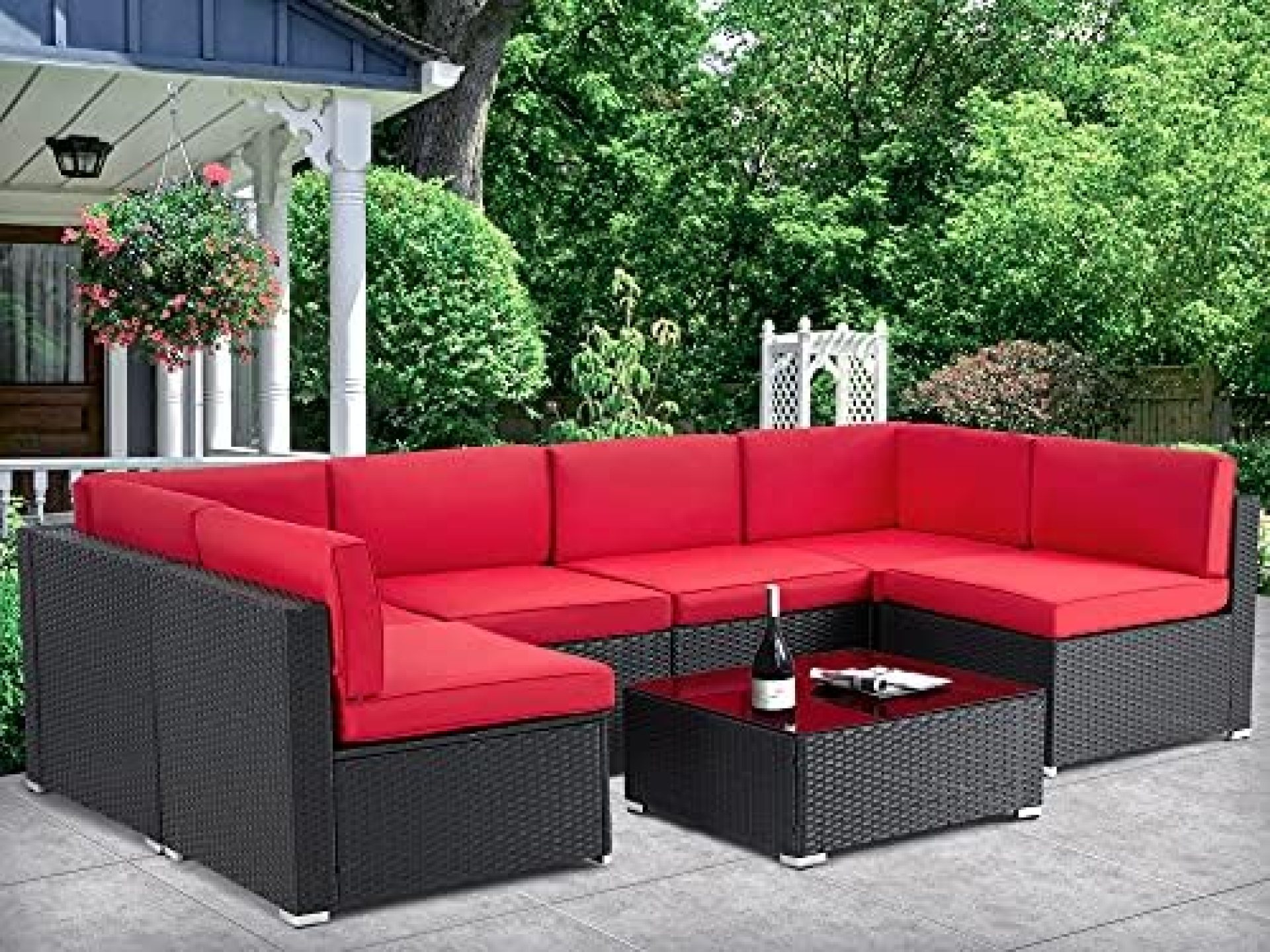 U-MAX 7 Pieces Outdoor Patio Furniture Set, All Weather Black PE Rattan Wicker Sofa Set, Sectional Furniture Conversation Set with Red Cushions and Coffee Table for Porch Garden Poolside U-MAX 7 Pieces Outdoor Patio Furniture Set, All Weather Black PE Rattan Wicker Sofa Set, Sectional Furniture Conversation Set with Red Cushions and Coffee Table for Porch Garden Poolside