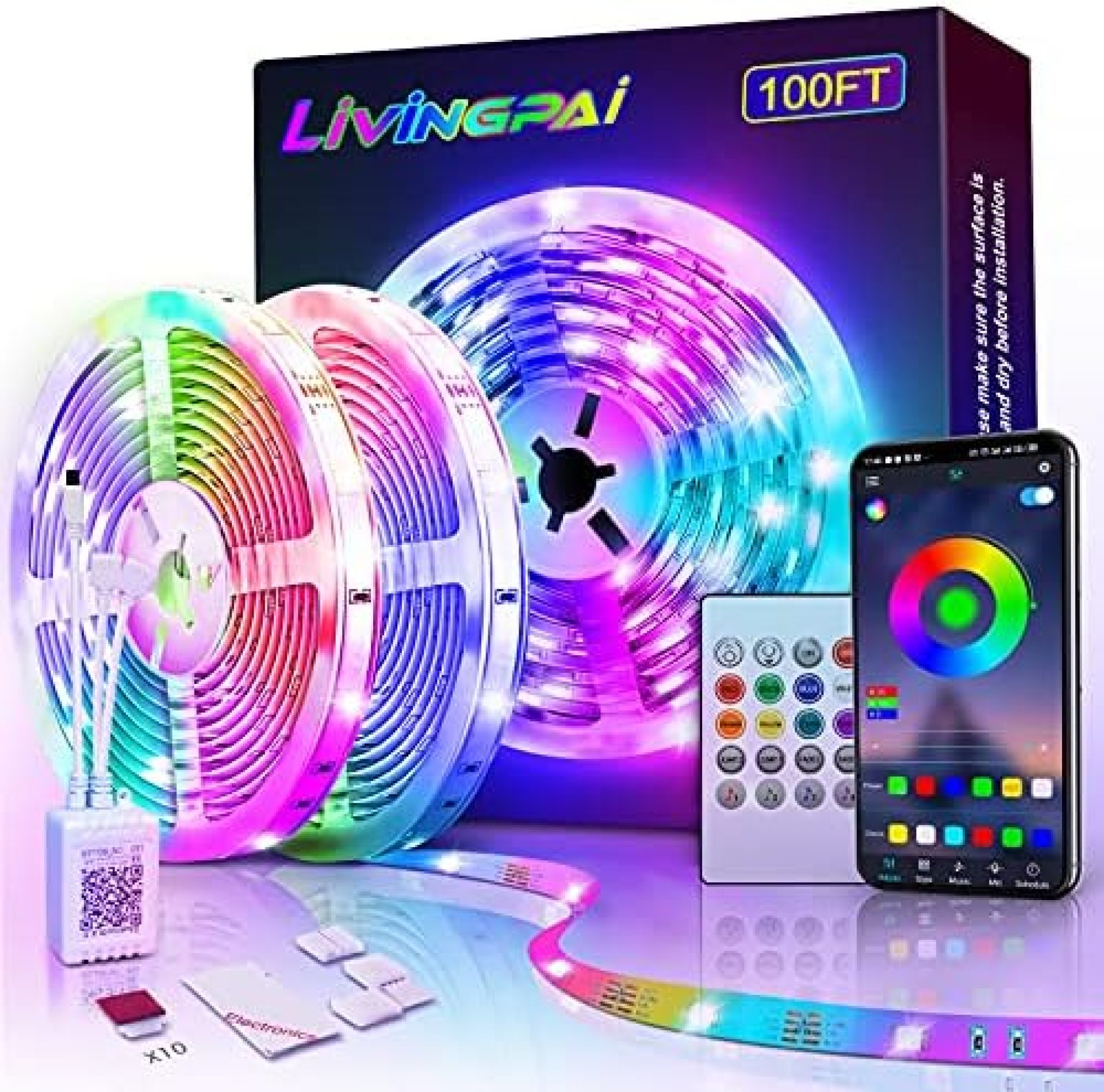 LiviNGPAi Led Lights for Bedroom, 100ft Led Strip Lights with 5050 RGB Color Changing, Music Sync, Smart App and Remote Control, Led Light Strips for Home Kitchen Living Room and Party Decoration LiviNGPAi Led Lights for Bedroom, 100ft Led Strip Lights with 5050 RGB Color Changing, Music Sync, Smart App and Remote Control, Led Light Strips for Home Kitchen Living Room and Party Decoration