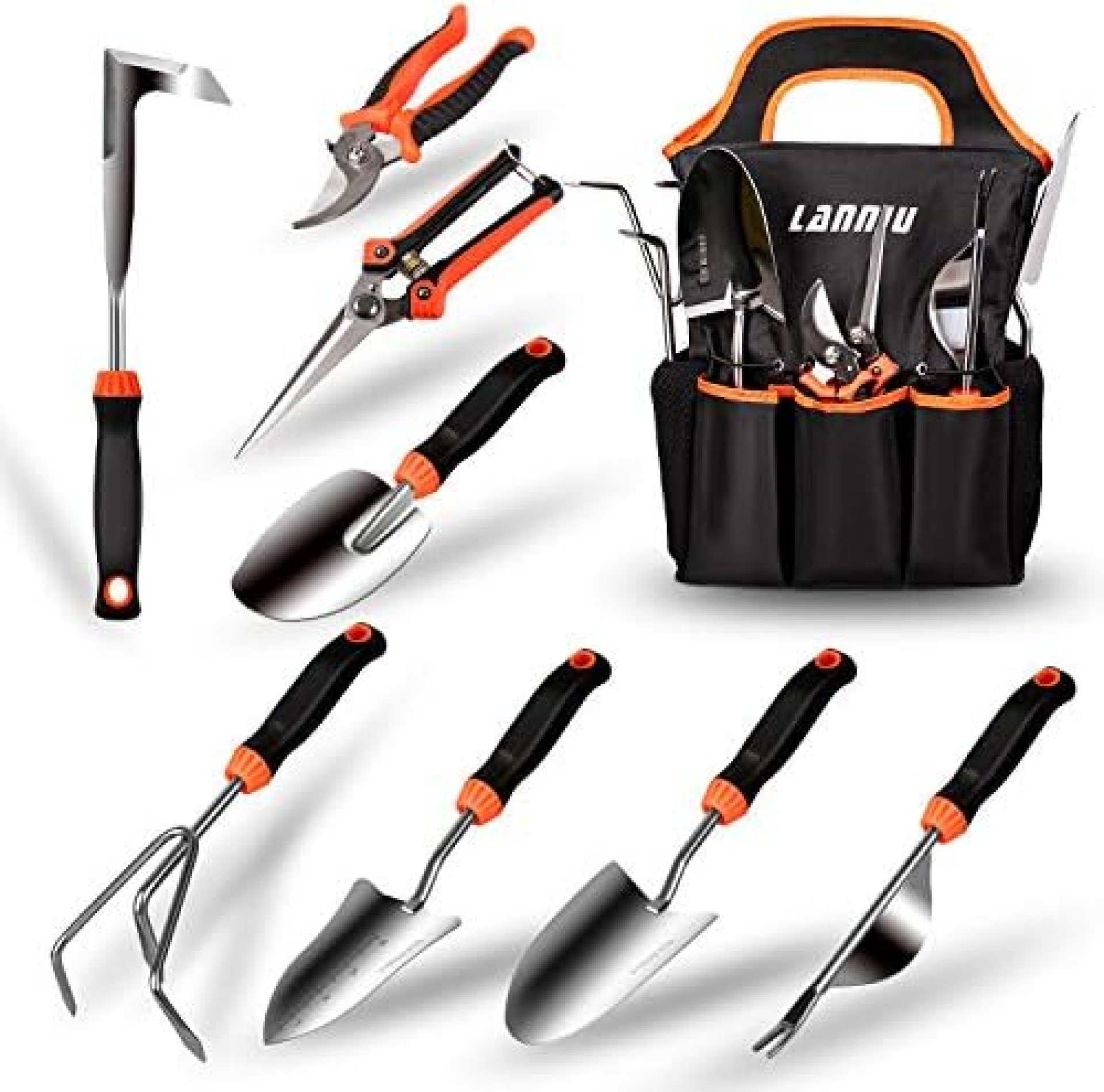 LANNIU Garden Tool Set, 9 Piece Stainless Steel Heavy Duty Gardening Tool Set, with Non-Slip Rubber Grip, Storage Pocket, Ideal Garden Tool Kit Gift for Women/Parent LANNIU Garden Tool Set, 9 Piece Stainless Steel Heavy Duty Gardening Tool Set, with Non-Slip Rubber Grip, Storage Pocket, Ideal Garden Tool Kit Gift for Women/Parent