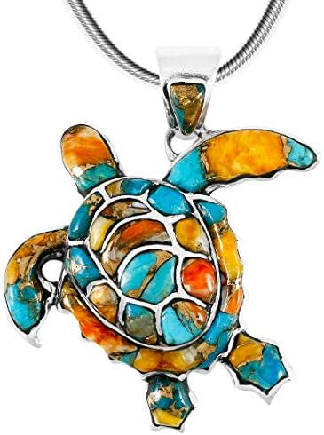 Turquoise Network Turtle Pendant Necklace in Sterling Silver 925 & Genuine Gemstones Turquoise Network Turtle Pendant Necklace in Sterling Silver 925 & Genuine Gemstones
