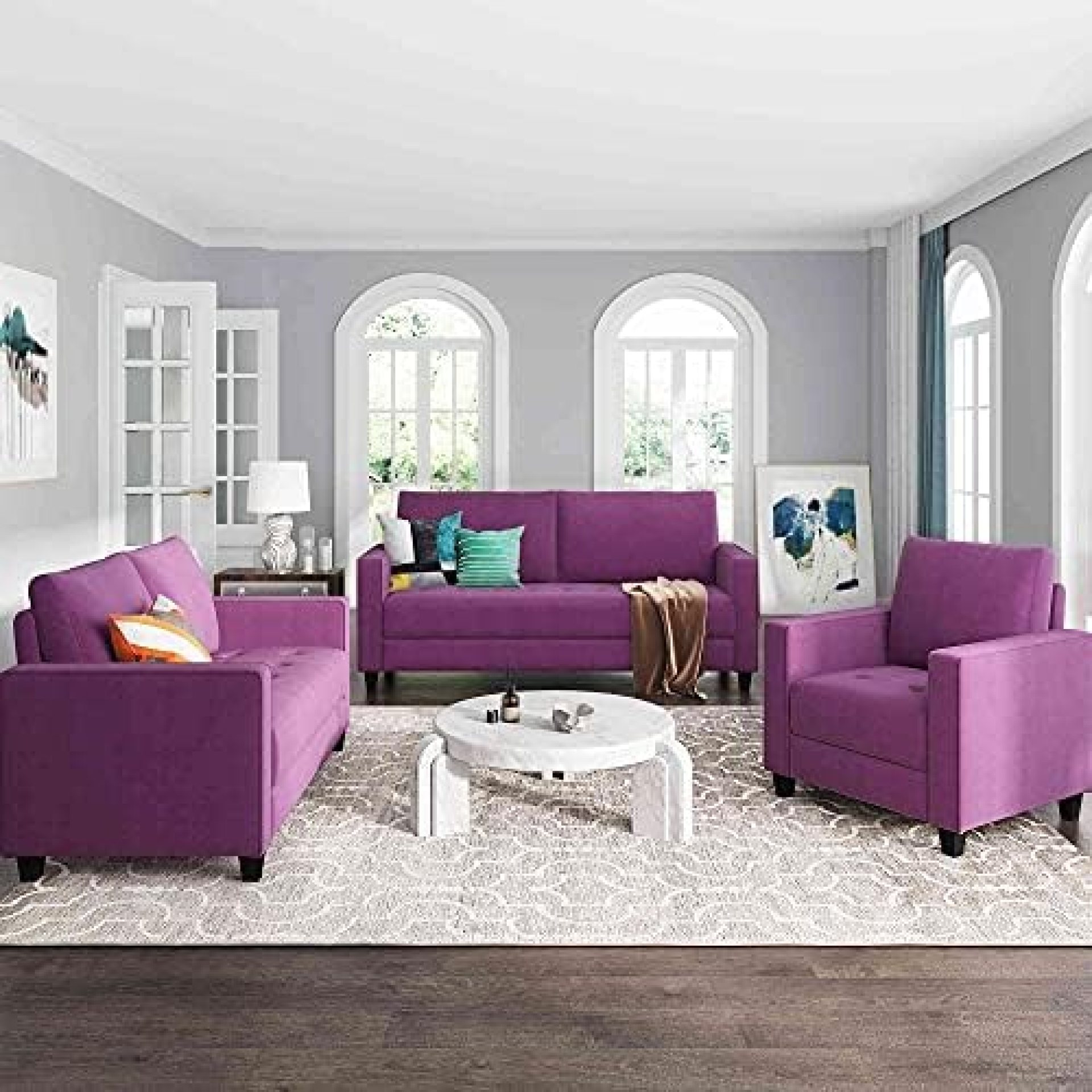 Cotoala Sectional Piece Sofa Set Morden Style Couch Furniture Upholstered Armchair, Loveseat and Three Home or Office (1+2+3-Seat), Purple Cotoala Sectional Piece Sofa Set Morden Style Couch Furniture Upholstered Armchair, Loveseat and Three Home or Office (1+2+3-Seat), Purple