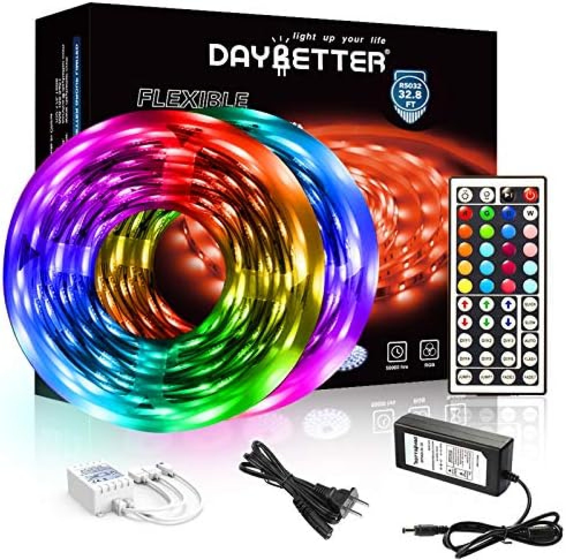 DAYBETTER Led Strip Lights 32.8ft 5050 RGB 300 LEDs Color Changing Lights Strip for Bedroom, Desk, Home Decoration, with Remote and 12V Power Supply DAYBETTER Led Strip Lights 32.8ft 5050 RGB 300 LEDs Color Changing Lights Strip for Bedroom, Desk, Home Decoration, with Remote and 12V Power Supply