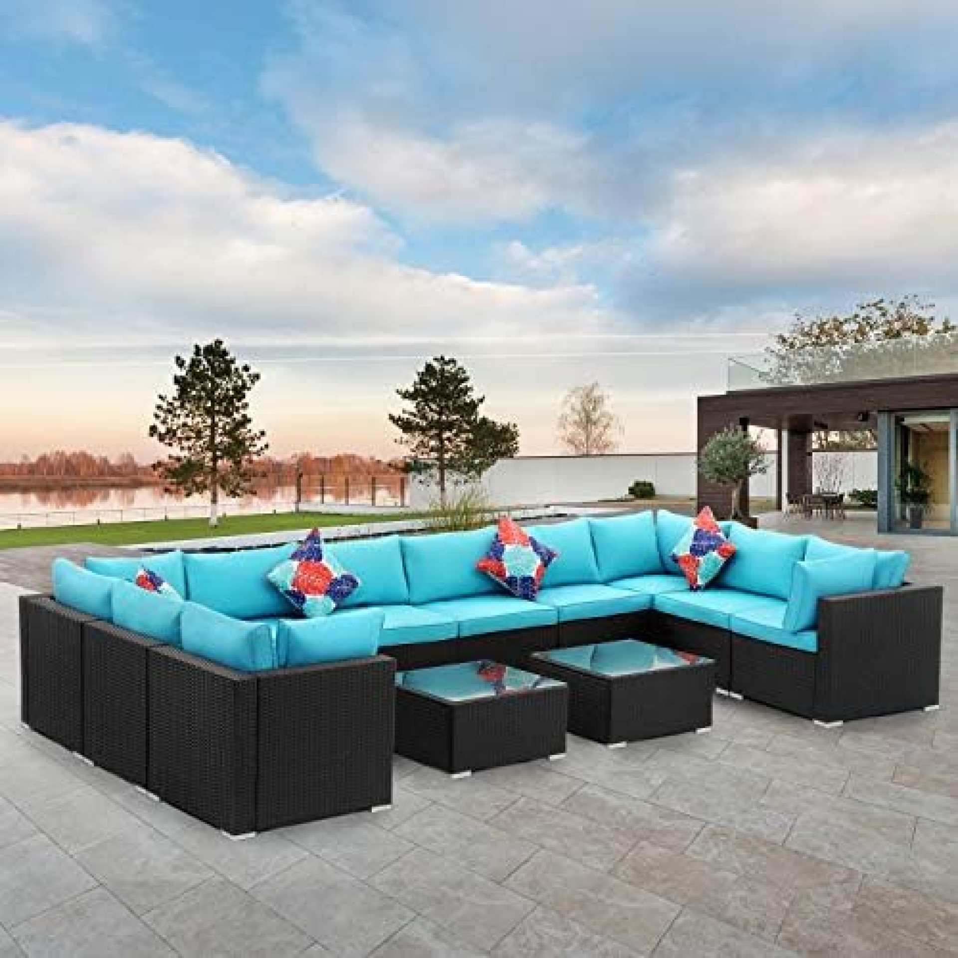 Diophros 12 Pieces Patio Furniture Sets, Outdoor All-Weather Sectional Sofa, Weaving Wicker Rattan Patio Conversation Set with Cushions & Glass Coffee Table (Lake Blue) Diophros 12 Pieces Patio Furniture Sets, Outdoor All-Weather Sectional Sofa, Weaving Wicker Rattan Patio Conversation Set with Cushions & Glass Coffee Table (Lake Blue)