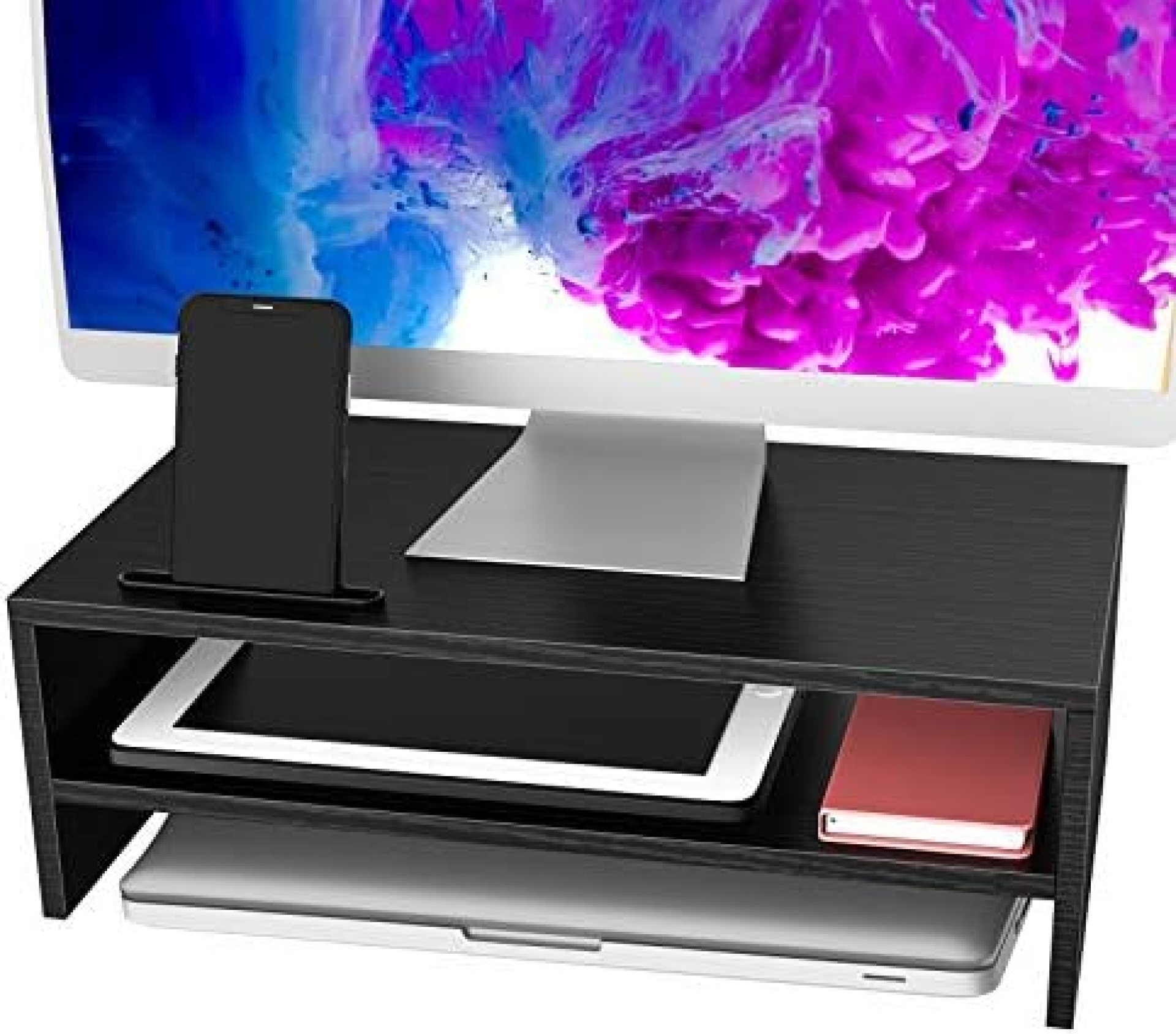 Wood Monitor Stand Riser, 2 Tiers Desk Organizer Stand with Cellphone Holder, Laptop Printer Stand with Cable Management, for Computer, Notebook, Printer Holder, 16.5 inches by ERGO TAB, Black Wood Monitor Stand Riser, 2 Tiers Desk Organizer Stand with Cellphone Holder, Laptop Printer Stand with Cable Management, for Computer, Notebook, Printer Holder, 16.5 inches by ERGO TAB, Black