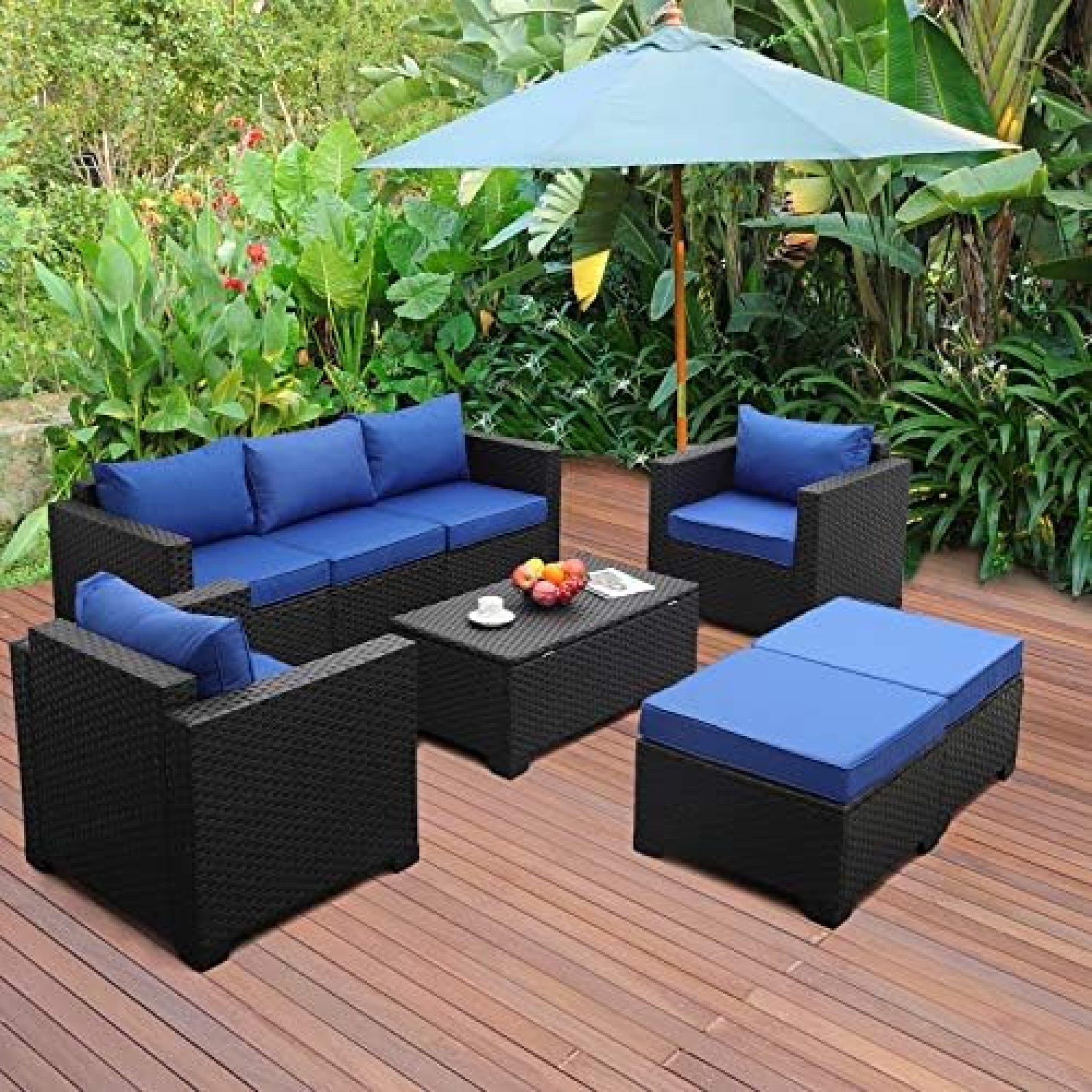 6 Pieces Patio Wicker Furniture Set Outdoor PE Rattan Conversation Couch Sectional Chair Sofa Set with Royal Blue Cushion 6 Pieces Patio Wicker Furniture Set Outdoor PE Rattan Conversation Couch Sectional Chair Sofa Set with Royal Blue Cushion