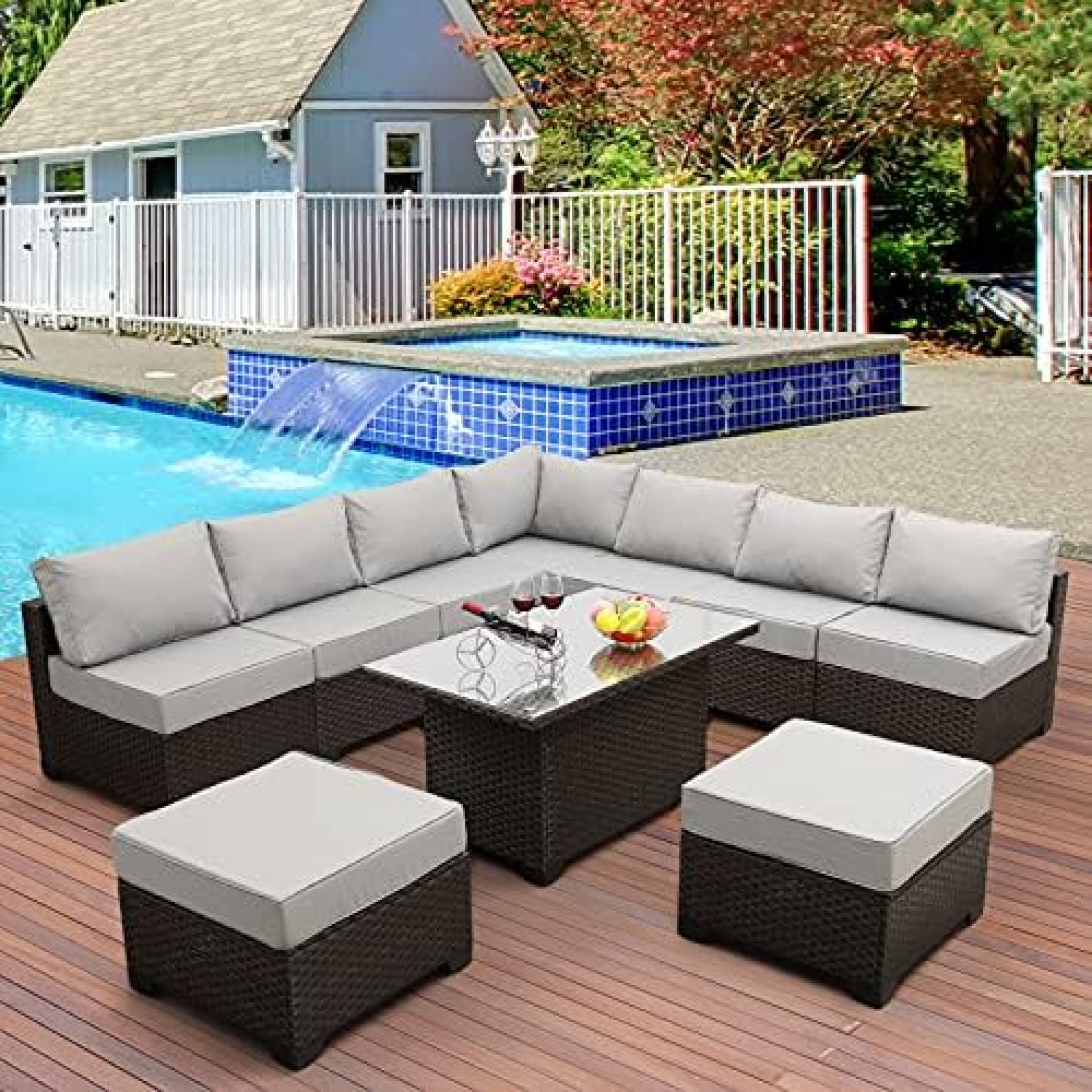 Outdoor Patio Dark Brown Rattan 10 Piece Sectional Furniture Set PE Wicker Conversation Sofa with Light Grey Cushion Outdoor Patio Dark Brown Rattan 10 Piece Sectional Furniture Set PE Wicker Conversation Sofa with Light Grey Cushion