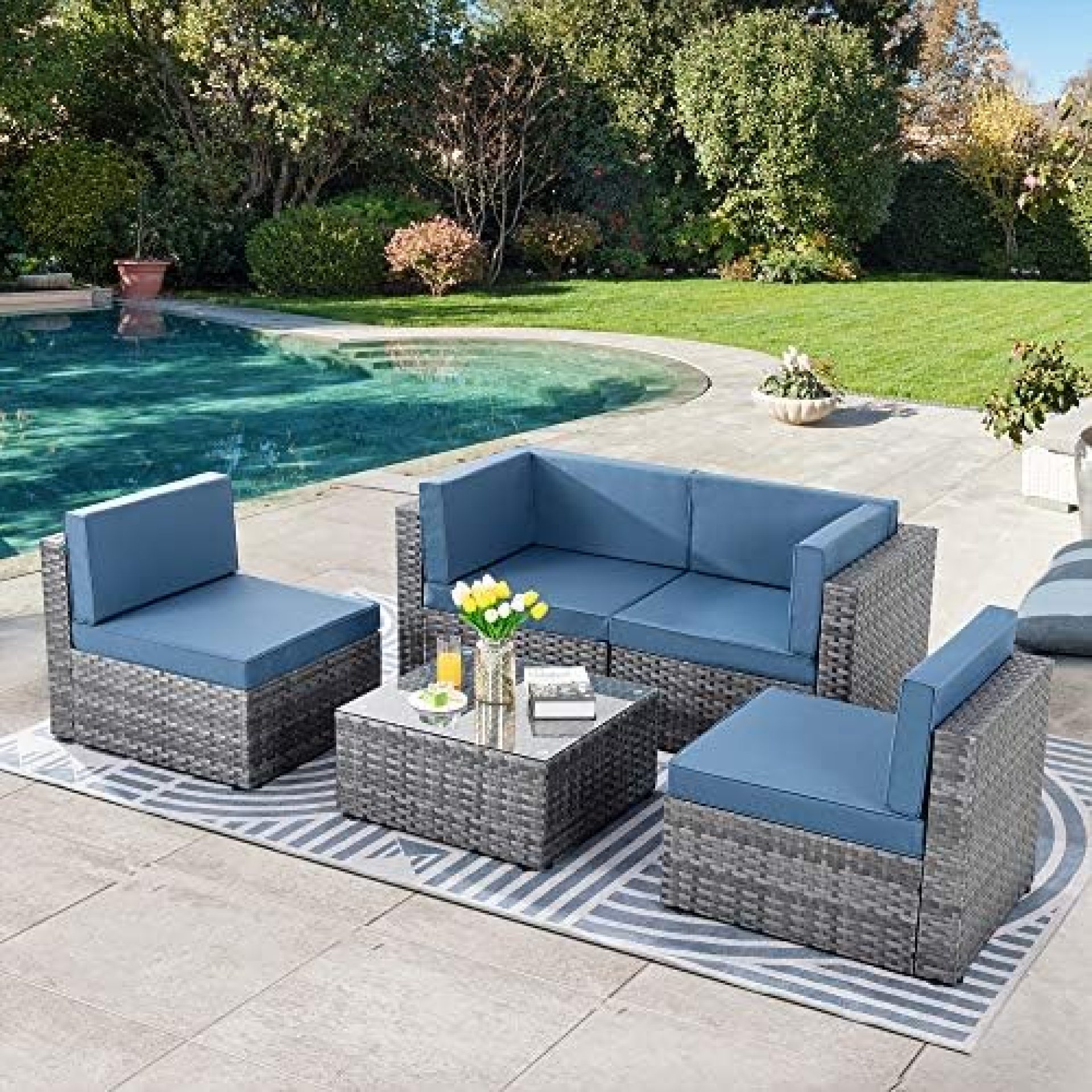 SUNLEI 5pcs Patio Conversation Set Outdoor Furniture Sets,Low Back All-Weather Rattan Sectional Sofa with Tea Table&Washable Couch Cushions&Ottoman(Silver Rattan)(Aegean Blue) SUNLEI 5pcs Patio Conversation Set Outdoor Furniture Sets,Low Back All-Weather Rattan Sectional Sofa with Tea Table&Washable Couch Cushions&Ottoman(Silver Rattan)(Aegean Blue)
