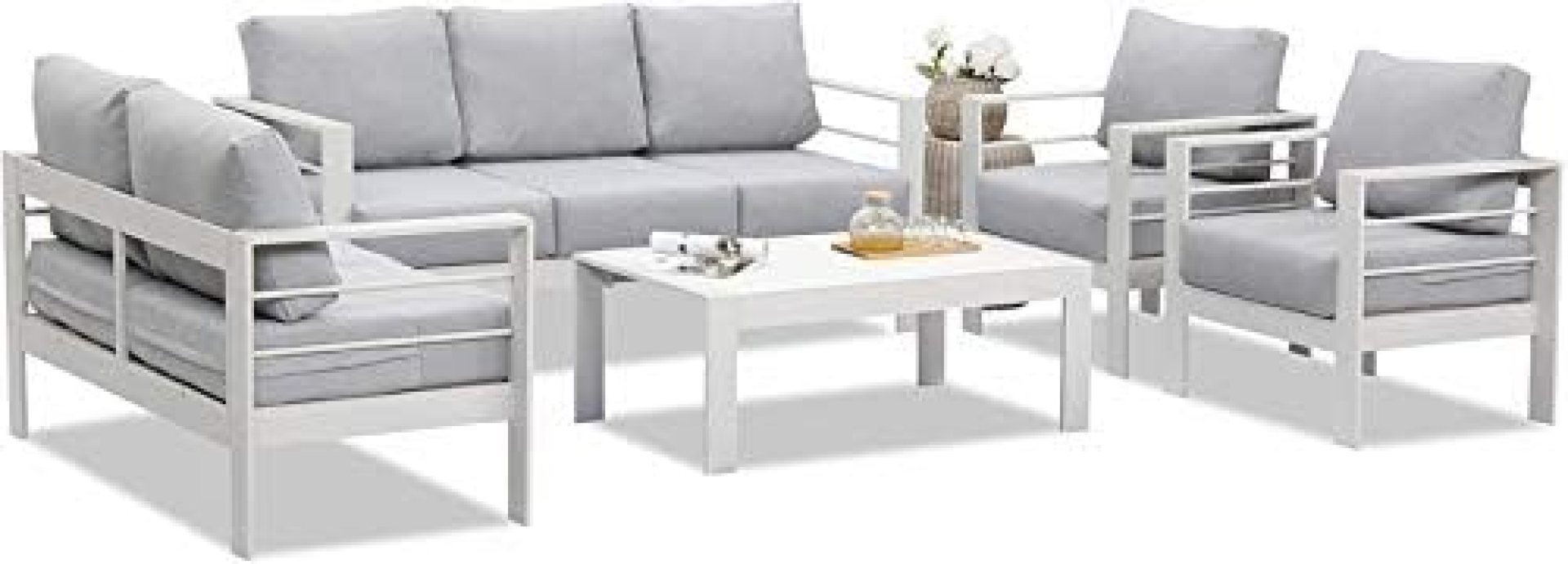 Wisteria Lane Outdoor Patio Furniture Sets, Aluminum Sectional Sofa, White Metal Conversation Set with Grey Cushions Wisteria Lane Outdoor Patio Furniture Sets, Aluminum Sectional Sofa, White Metal Conversation Set with Grey Cushions