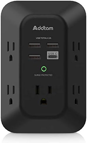 USB Wall Charger Surge Protector – Addtam 5 Outlet Extender with 4 USB Charging Ports ( 1 USB C, 4.5A Total), 3-Sided 1800J Power Strip Multi Plug Outlets Adapter Widely Spaced , Black USB Wall Charger Surge Protector – Addtam 5 Outlet Extender with 4 USB Charging Ports ( 1 USB C, 4.5A Total), 3-Sided 1800J Power Strip Multi Plug Outlets Adapter Widely Spaced , Black