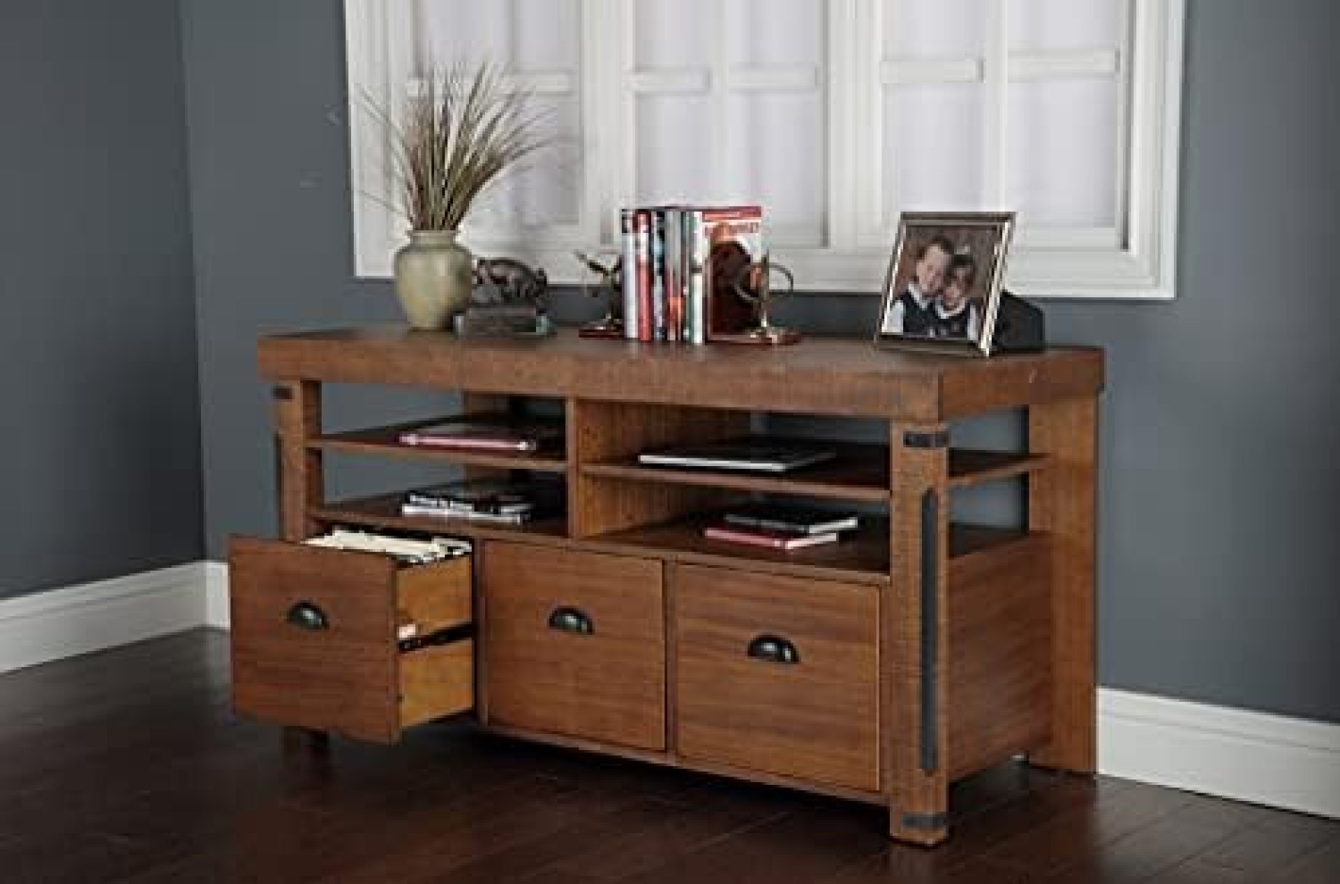 American Furniture Classics Industrial Credenza Console with 3 File Drawers, 60″, Hewn Pallet American Furniture Classics Industrial Credenza Console with 3 File Drawers, 60″, Hewn Pallet