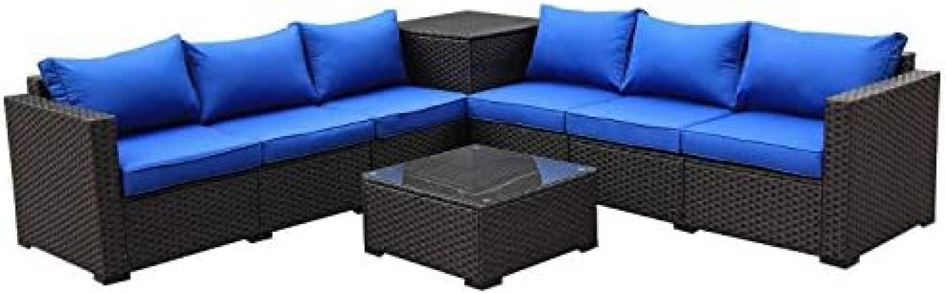 Outdoor PE Rattan Furniture Set -6 Piece Patio Wicker Sectional Conversation LoveSeat Couch Sofa Set with Storage Table Box, Royal Blue Cushion Outdoor PE Rattan Furniture Set -6 Piece Patio Wicker Sectional Conversation LoveSeat Couch Sofa Set with Storage Table Box, Royal Blue Cushion