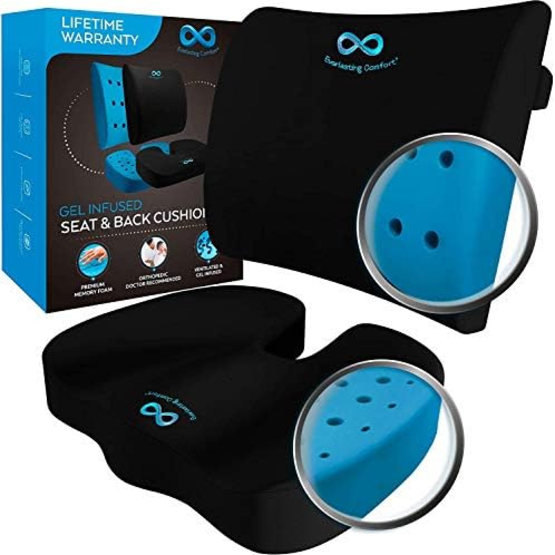 Everlasting Comfort Office Chair Seat Cushion and Lumbar Support Pillow Combo, Gel Infused (Black) Everlasting Comfort Office Chair Seat Cushion and Lumbar Support Pillow Combo, Gel Infused (Black)