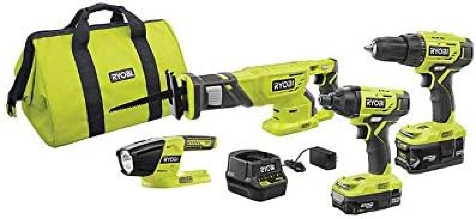 Ryobi P1818 18-Volt ONE+ Lithium-Ion Cordless 4-Tool Combo Kit with (2) Batteries, 18-Volt Charger, and Bag Ryobi P1818 18-Volt ONE+ Lithium-Ion Cordless 4-Tool Combo Kit with (2) Batteries, 18-Volt Charger, and Bag