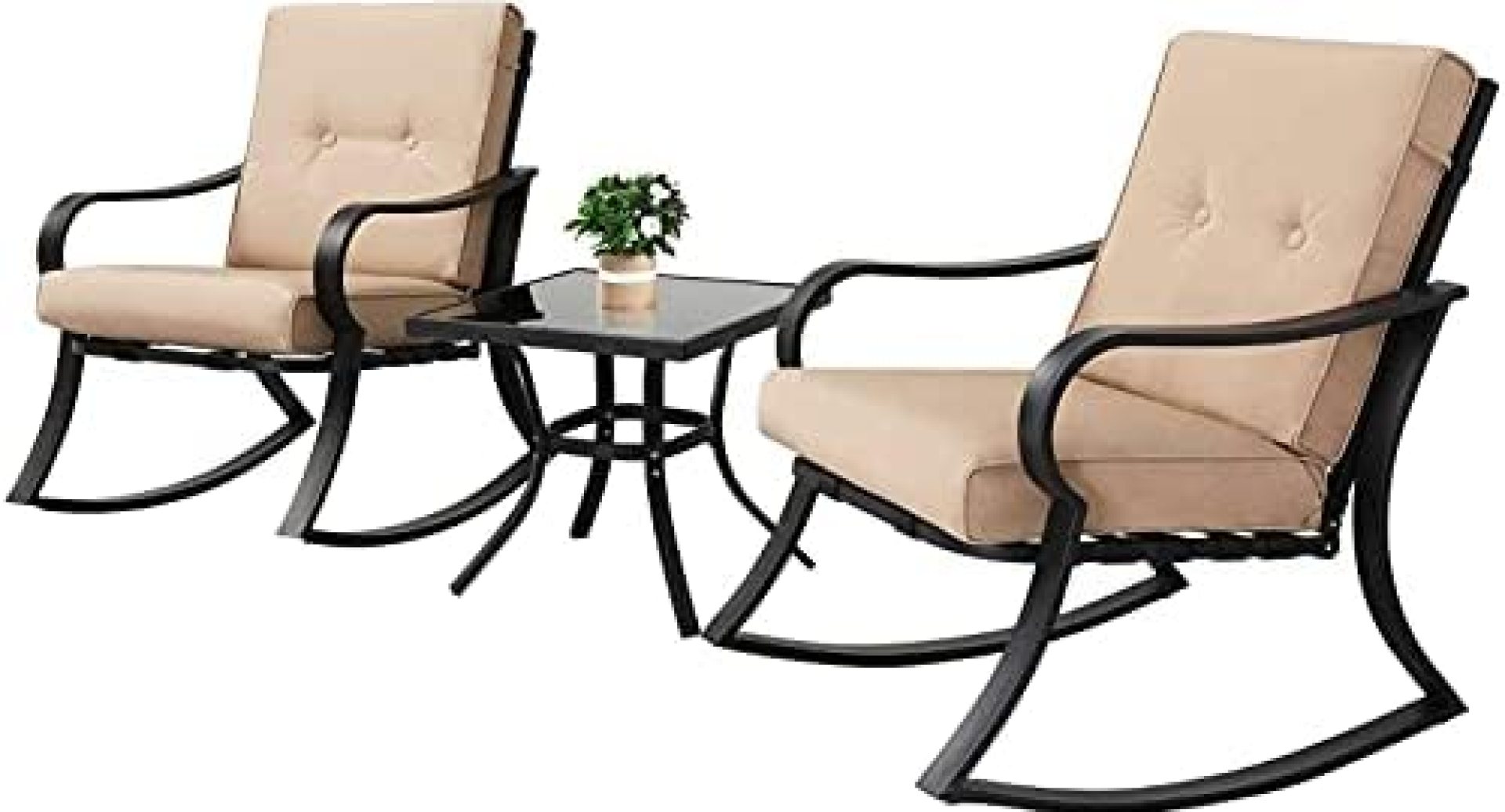 Oakmont Outdoor Furniture 3 Piece Bistro Set Rocking Chairs and Glass Top Table, Thick Cushions, Black Steel (Beige) Oakmont Outdoor Furniture 3 Piece Bistro Set Rocking Chairs and Glass Top Table, Thick Cushions, Black Steel (Beige)