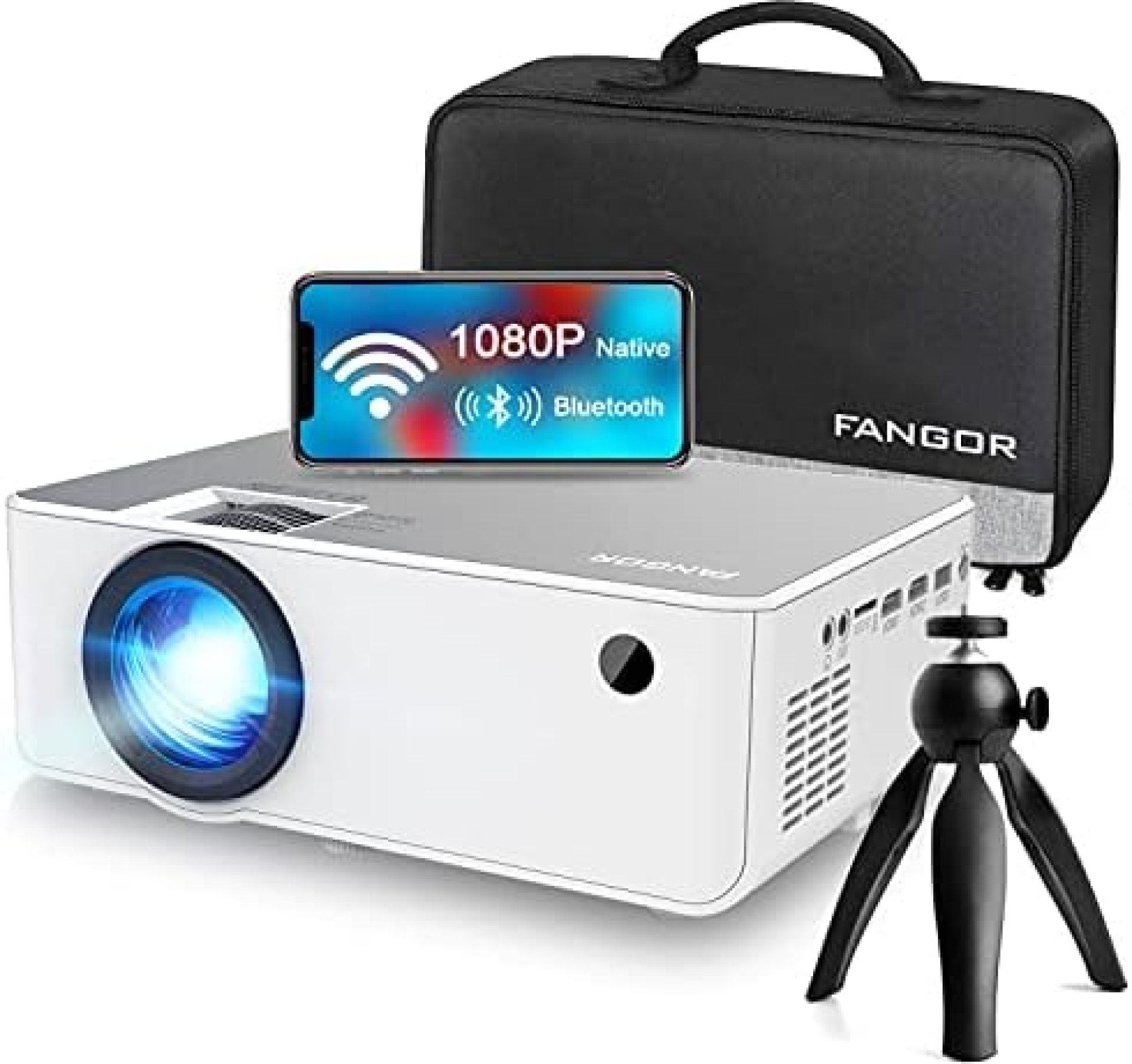 1080P HD Projector, WiFi Projector Bluetooth Projector, FANGOR 230″ Portable Movie Projector with Tripod, Home Theater Video Projector Compatible with TV Stick, HDMI, VGA, USB, Laptop, iOS & Android 1080P HD Projector, WiFi Projector Bluetooth Projector, FANGOR 230″ Portable Movie Projector with Tripod, Home Theater Video Projector Compatible with TV Stick, HDMI, VGA, USB, Laptop, iOS & Android