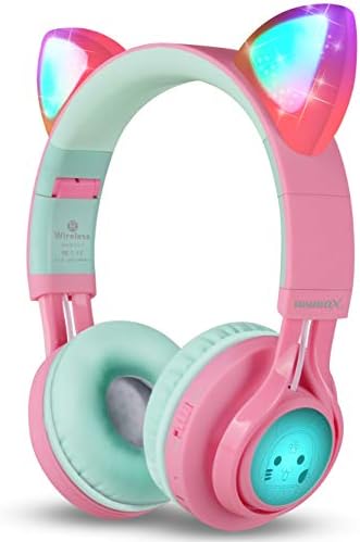 Riwbox Bluetooth Headphones, Riwbox CT-7 Cat Ear LED Light Up Wireless Foldable Headphones Over Ear with Microphone and Volume Control for iPhone/iPad/Smartphones/Laptop/PC/TV (Pink&Green) Riwbox Bluetooth Headphones, Riwbox CT-7 Cat Ear LED Light Up Wireless Foldable Headphones Over Ear with Microphone and Volume Control for iPhone/iPad/Smartphones/Laptop/PC/TV (Pink&Green)