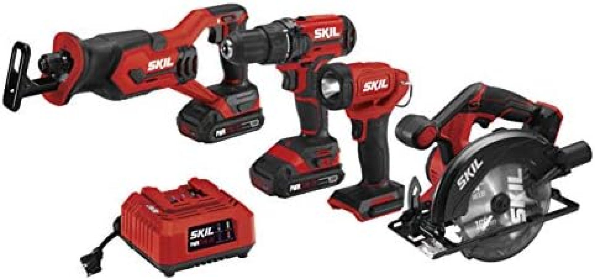 SKIL 20V 4-Tool Combo Kit: 20V Cordless Drill Driver, Reciprocating Saw, Circular Saw and Spotlight, Includes Two 2.0Ah Lithium Batteries and One Charger – CB739701 SKIL 20V 4-Tool Combo Kit: 20V Cordless Drill Driver, Reciprocating Saw, Circular Saw and Spotlight, Includes Two 2.0Ah Lithium Batteries and One Charger – CB739701