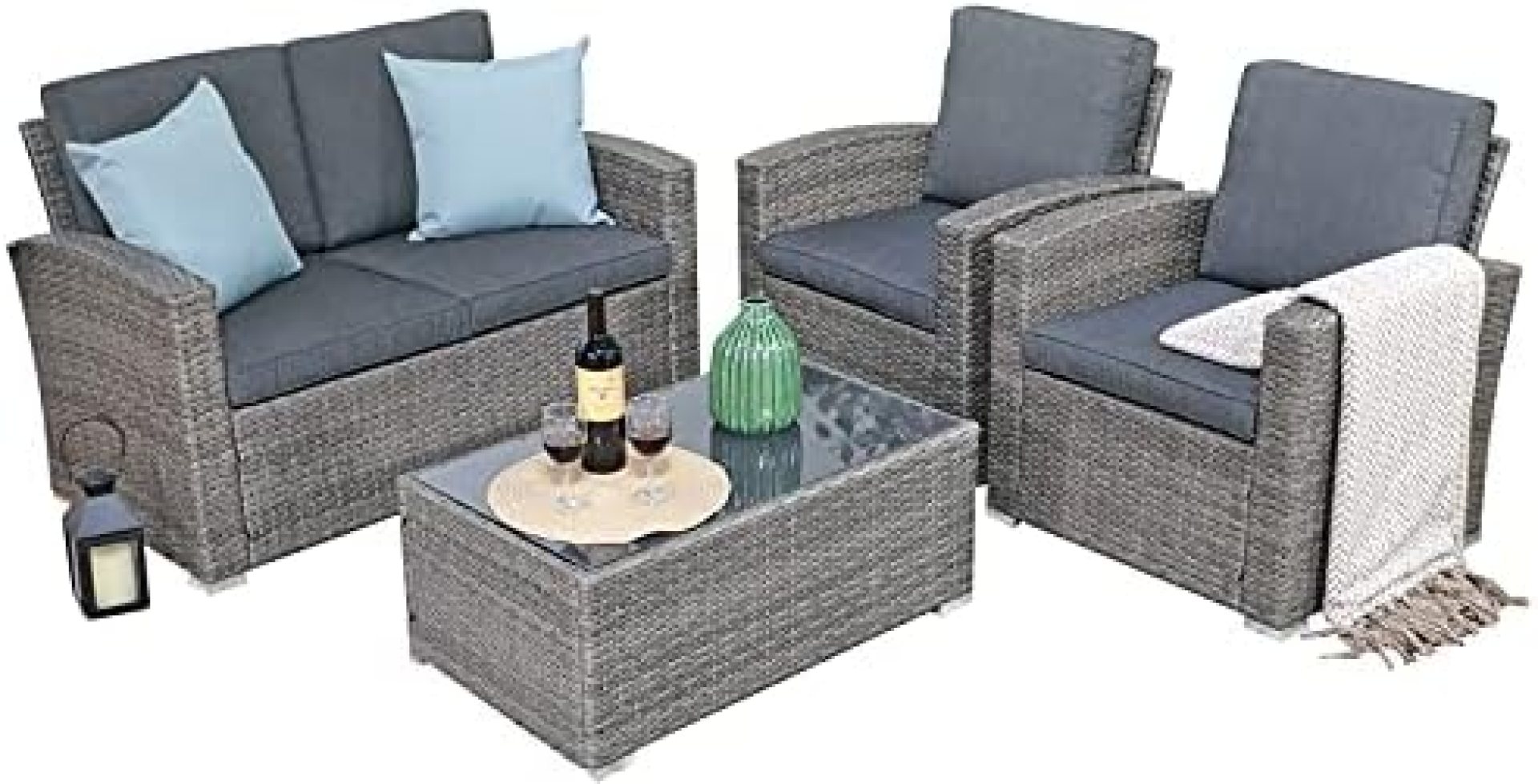 JOIVI Patio Furniture Set, 4 Piece Outdoor Patio Conversation Set, All-Weather PE Rattan Wicker Sectional Patio Sofa Set with Tempered Glass Coffee Table, Dark Gray JOIVI Patio Furniture Set, 4 Piece Outdoor Patio Conversation Set, All-Weather PE Rattan Wicker Sectional Patio Sofa Set with Tempered Glass Coffee Table, Dark Gray