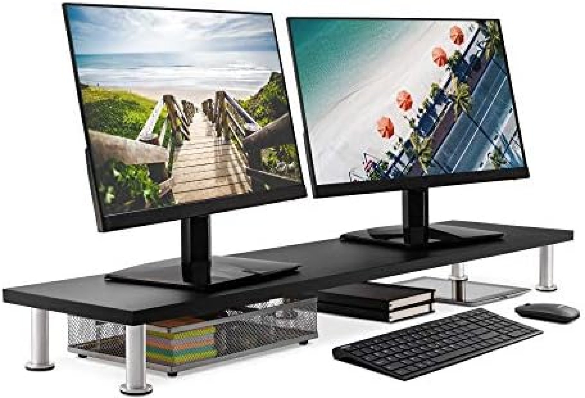 Large Dual Monitor Stand for Computer Screens – Solid Bamboo Riser Support The Heaviest Monitors, Printers, Laptops or TVs – Perfect Shelf Organizer for Office Desk Accessories & TV Stands (Black) Large Dual Monitor Stand for Computer Screens – Solid Bamboo Riser Support The Heaviest Monitors, Printers, Laptops or TVs – Perfect Shelf Organizer for Office Desk Accessories & TV Stands (Black)