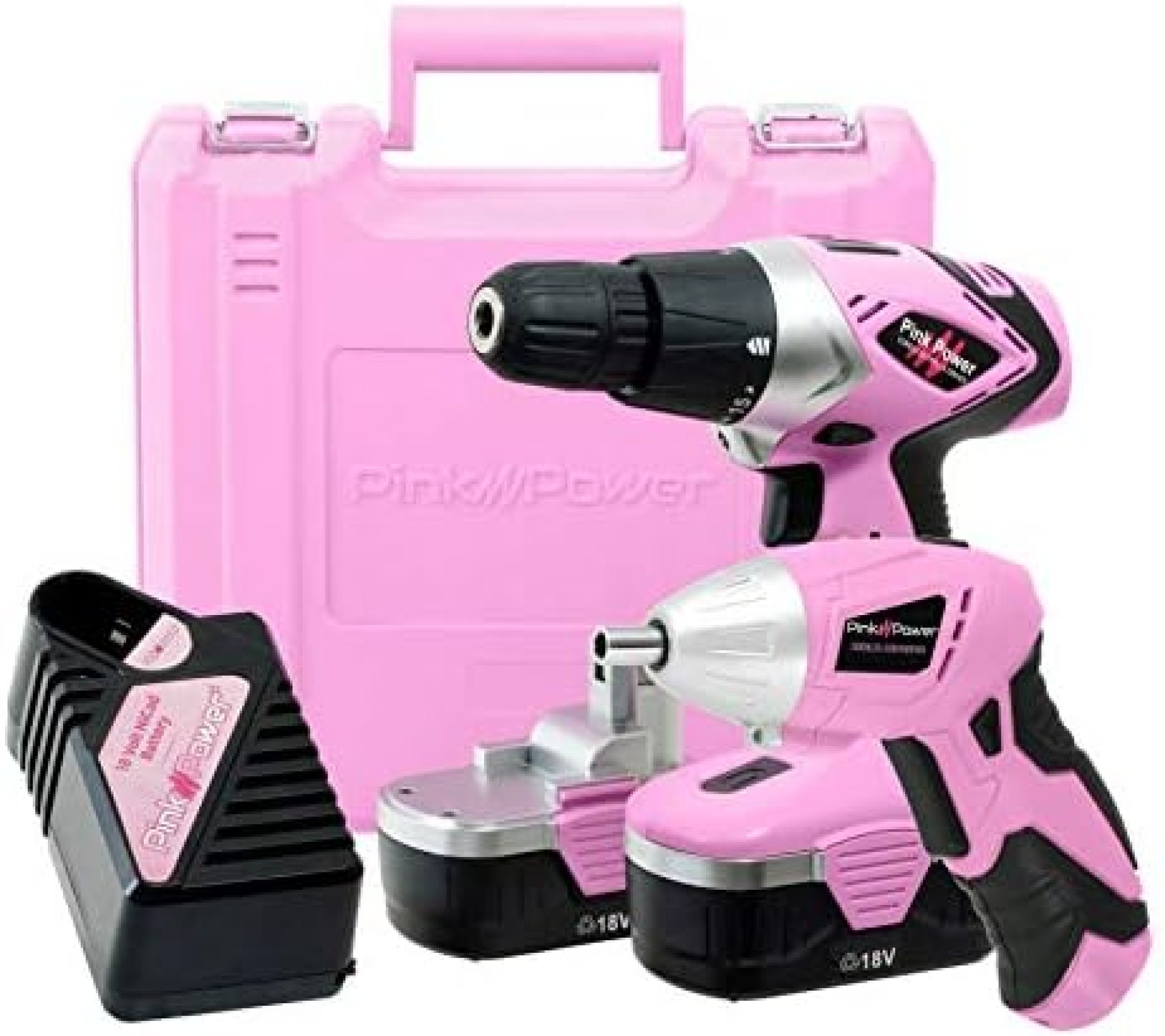Pink Power Drill and Electric Screwdriver Tool Kit PP1848K 18 Volt Cordless Drill Set with Charger and Bit Set Pink Power Drill and Electric Screwdriver Tool Kit PP1848K 18 Volt Cordless Drill Set with Charger and Bit Set