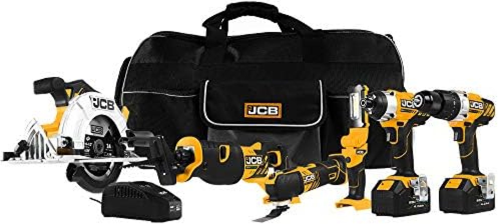JCB Tools – 20V, 6-Piece Power Tool Kit – Hammer Drill Driver, Impact Driver, Reciprocating Saw, Multi Tool, Circular Saw, LED Work Flashlight, 2 x 4.0Ah Batteries, Fast Charger And Tool Bag JCB Tools – 20V, 6-Piece Power Tool Kit – Hammer Drill Driver, Impact Driver, Reciprocating Saw, Multi Tool, Circular Saw, LED Work Flashlight, 2 x 4.0Ah Batteries, Fast Charger And Tool Bag
