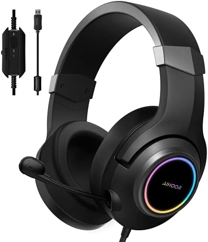 AIHOOR Gaming Headset with Virtual 7.1 Surround Sound,Over Ear Headphones,Noise Cancelling Microphone,Ultra-Low Latency Games & LED Light Soft Memory Protein Earmuffs for PC Mac Computer Games- Black AIHOOR Gaming Headset with Virtual 7.1 Surround Sound,Over Ear Headphones,Noise Cancelling Microphone,Ultra-Low Latency Games & LED Light Soft Memory Protein Earmuffs for PC Mac Computer Games- Black