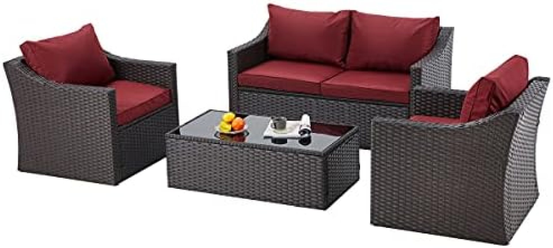 EROMMY 4 Pcs Patio Furniture Sets Retro Wicker PE Rattan Conversation Furniture Set with 4 Seats,Tempered Glass Table Top,Cushion Outdoor Garden Furniture Sets EROMMY 4 Pcs Patio Furniture Sets Retro Wicker PE Rattan Conversation Furniture Set with 4 Seats,Tempered Glass Table Top,Cushion Outdoor Garden Furniture Sets