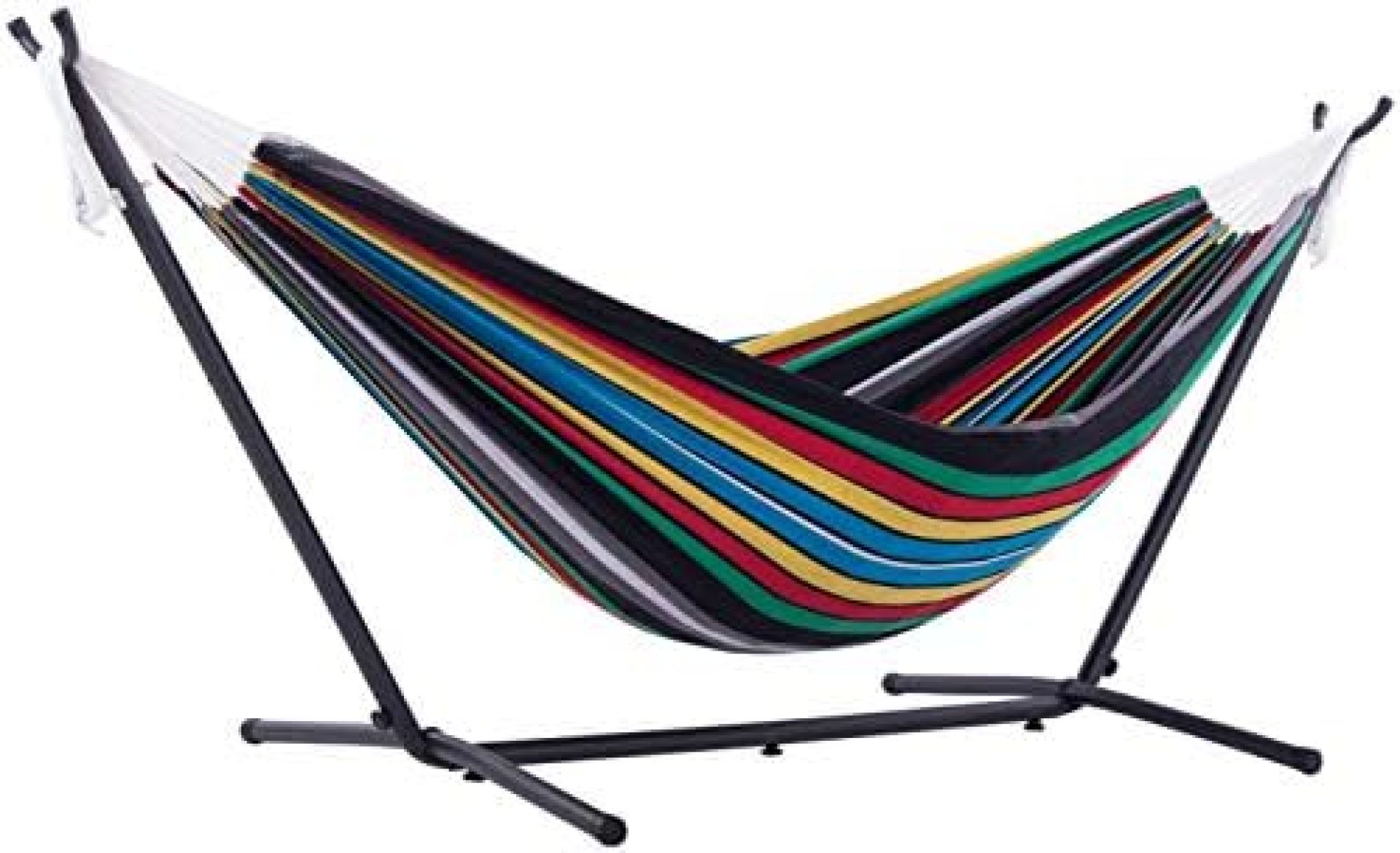 Vivere Double Cotton Hammock with Space Saving Steel Stand, (450 lb Capacity-Premium Carry Bag Included), 9′, Rio Night with Charcoal Frame Vivere Double Cotton Hammock with Space Saving Steel Stand, (450 lb Capacity-Premium Carry Bag Included), 9′, Rio Night with Charcoal Frame