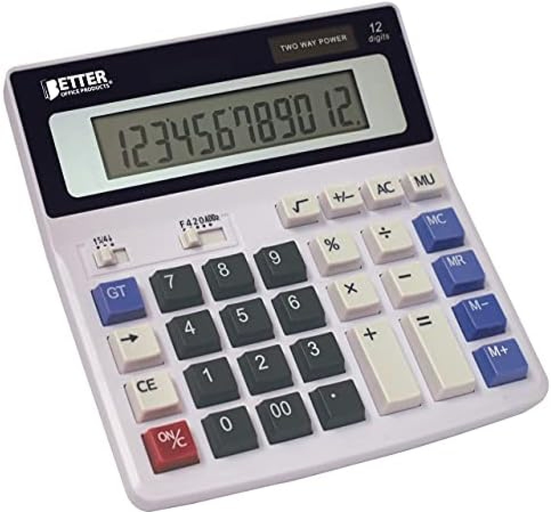 Extra Large Electronic Desktop Calculator, 12-Digit LCD Display, Angled Display Panel, by Better Office Products, 4 Function Memory Keys, Light Gray, Dual Power with Included AA Battery Power Extra Large Electronic Desktop Calculator, 12-Digit LCD Display, Angled Display Panel, by Better Office Products, 4 Function Memory Keys, Light Gray, Dual Power with Included AA Battery Power