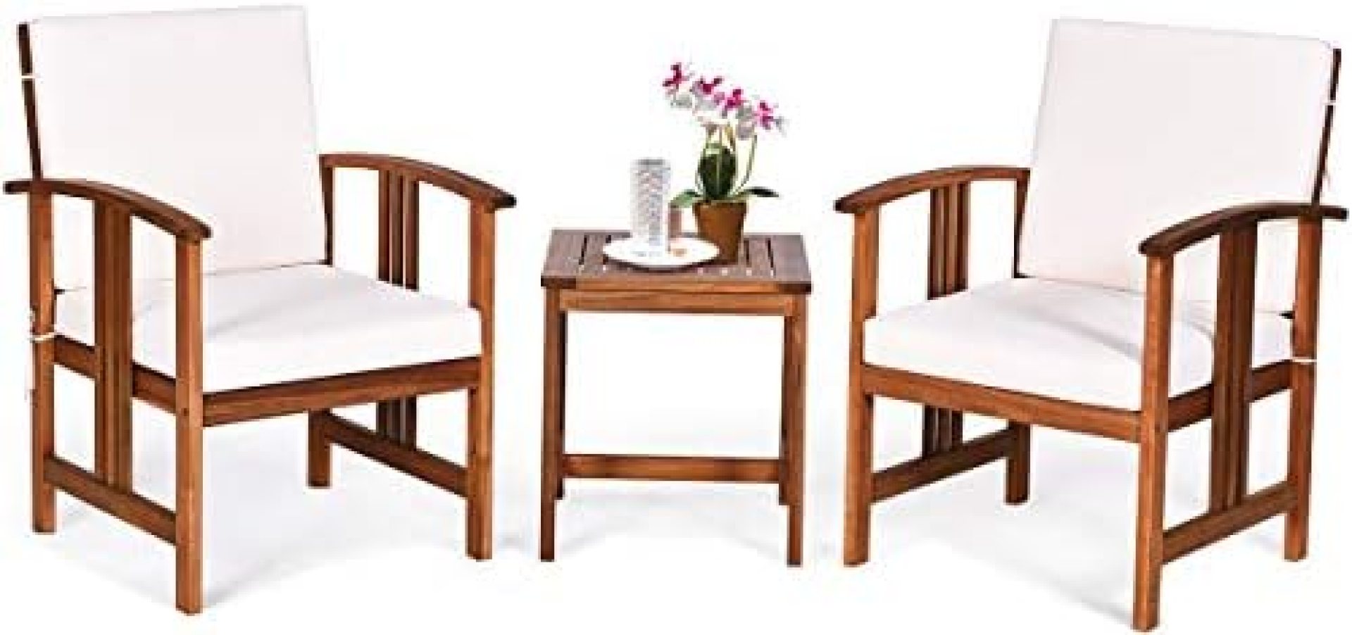 Tangkula 3-Piece Outdoor Acacia Wood Sofa Set w/Cushions, Padded Sectional Conversation Set Furniture Set w/Coffee Table for Garden, Backyard, Poolside, Living Room (White) Tangkula 3-Piece Outdoor Acacia Wood Sofa Set w/Cushions, Padded Sectional Conversation Set Furniture Set w/Coffee Table for Garden, Backyard, Poolside, Living Room (White)