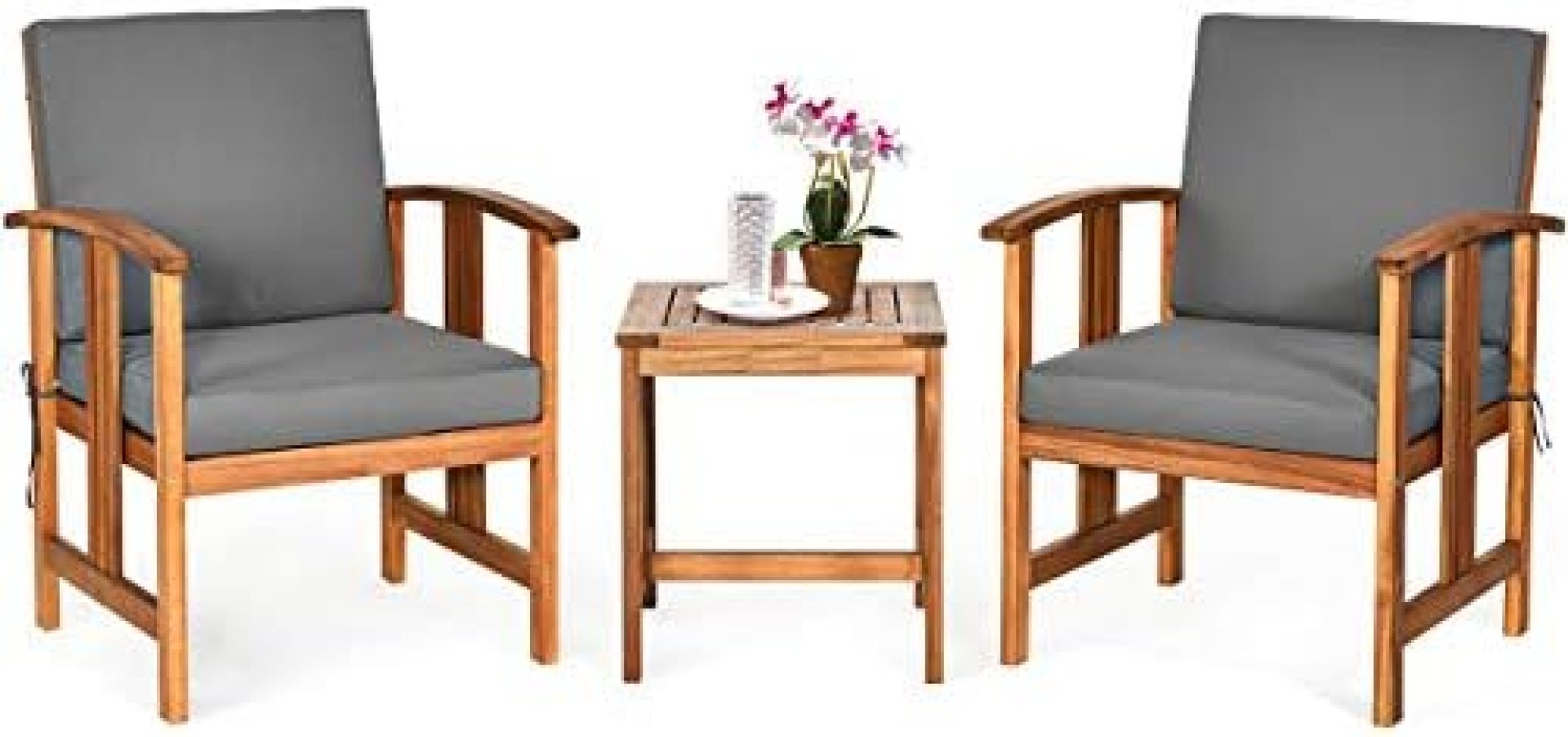 Tangkula 3-Piece Outdoor Acacia Wood Sofa Set w/Cushions, Padded Sectional Conversation Set Furniture Set w/Coffee Table for Garden, Backyard, Poolside, Living Room (Gray) Tangkula 3-Piece Outdoor Acacia Wood Sofa Set w/Cushions, Padded Sectional Conversation Set Furniture Set w/Coffee Table for Garden, Backyard, Poolside, Living Room (Gray)