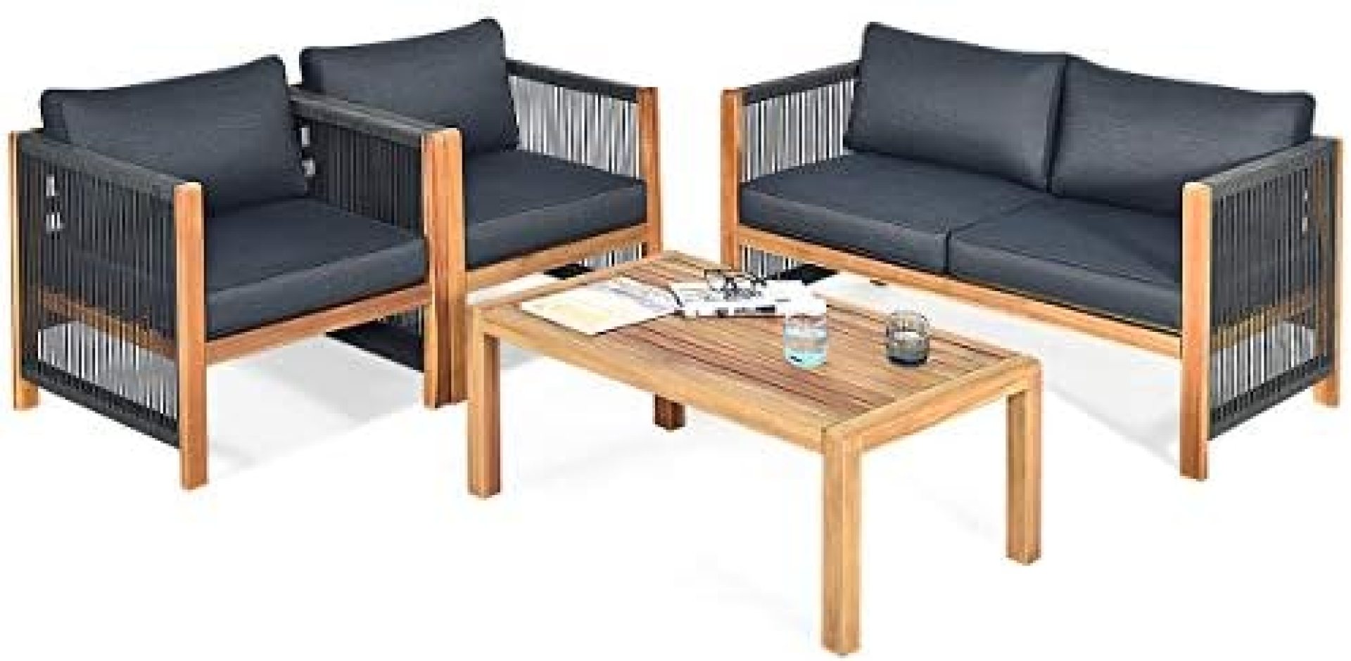 Tangkula Outdoor Wood Furniture Set, Acacia Wood Frame Loveseat Sofa, 2 Single Chairs and Coffee Table, 4 Pieces Conversation Set with Cushions, Garden Balcony Poolside Outdoor Living Set (1, Grey) Tangkula Outdoor Wood Furniture Set, Acacia Wood Frame Loveseat Sofa, 2 Single Chairs and Coffee Table, 4 Pieces Conversation Set with Cushions, Garden Balcony Poolside Outdoor Living Set (1, Grey)