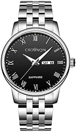 CROWNQIN Stainless Steel Mens Silver Watch, Fashion Business Watches for Men, 165ft Waterproof Luminous Quartz Wrist Watches, Auto Day & Date CROWNQIN Stainless Steel Mens Silver Watch, Fashion Business Watches for Men, 165ft Waterproof Luminous Quartz Wrist Watches, Auto Day & Date