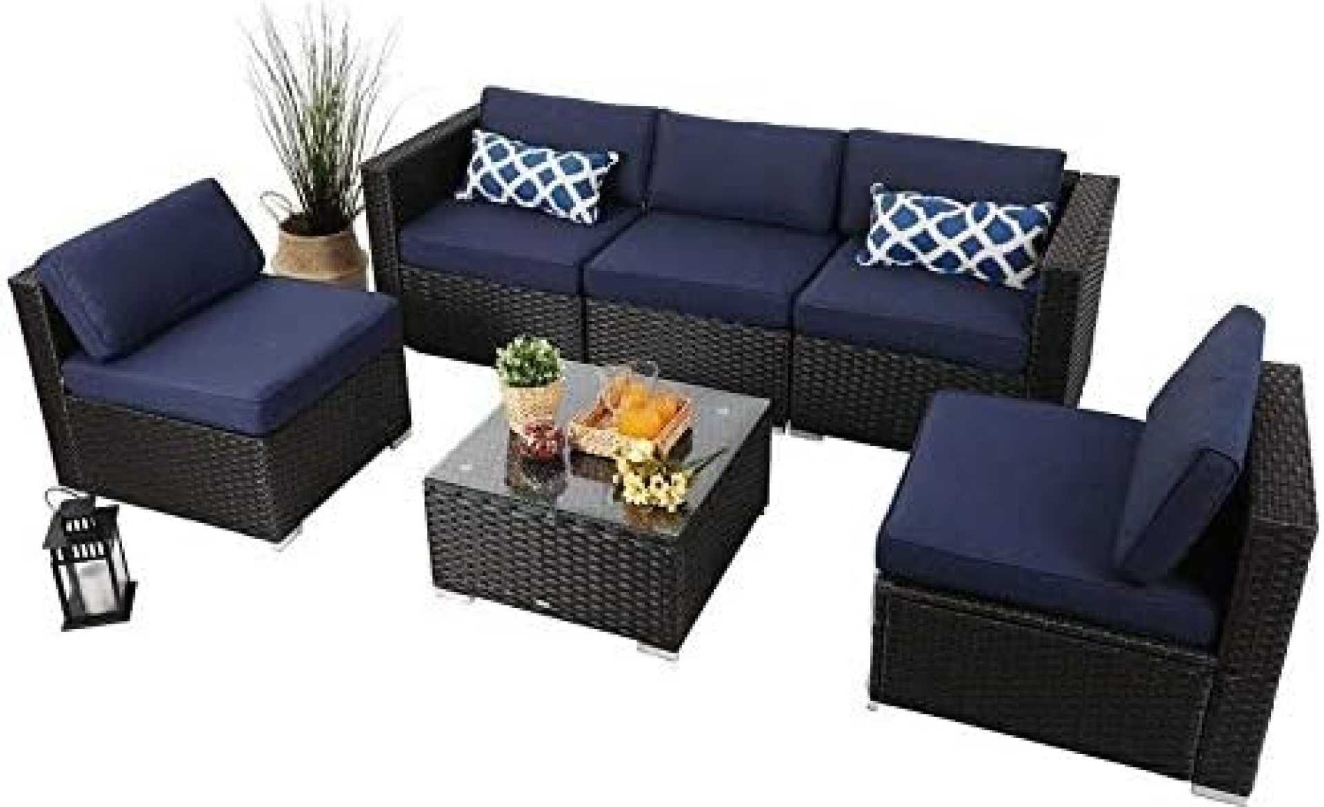 PHI VILLA Outdoor Rattan Sectional Sofa- Patio Wicker Furniture Set Outdoor Couch for Backyard, Garden (6-Piece, Navy Blue) PHI VILLA Outdoor Rattan Sectional Sofa- Patio Wicker Furniture Set Outdoor Couch for Backyard, Garden (6-Piece, Navy Blue)