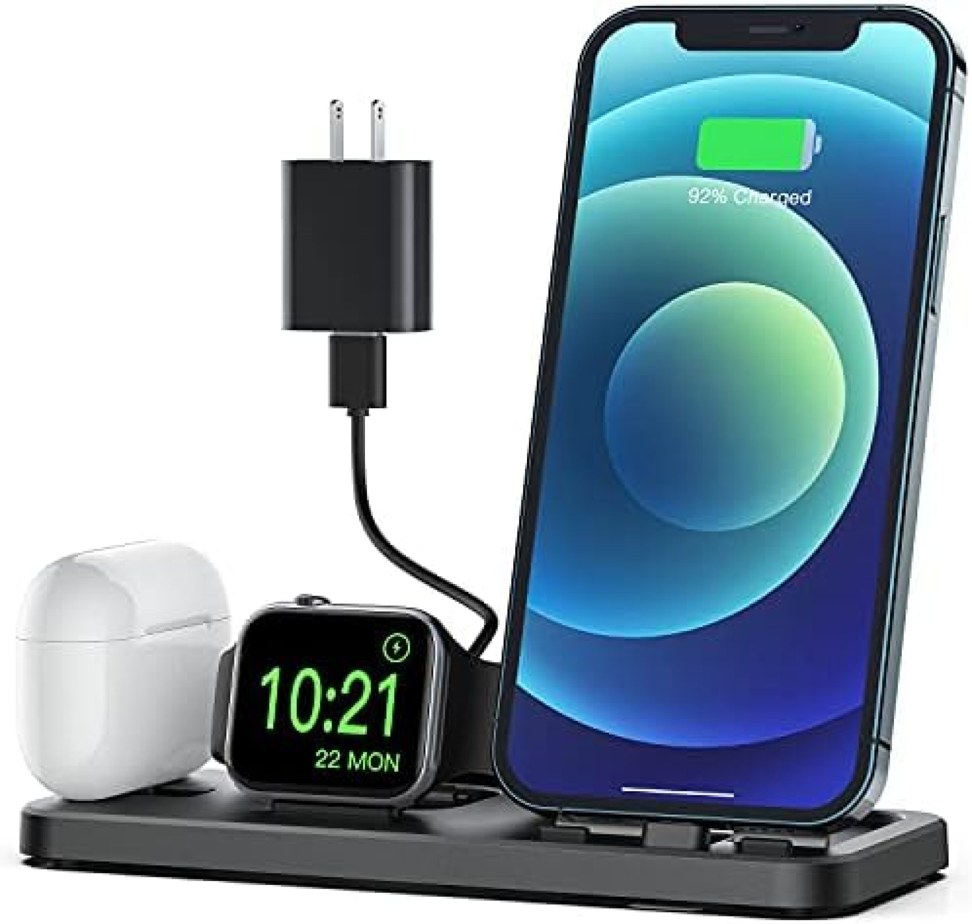 CEREECOO Portable 3 in 1 Charging Station for Apple Products Foldable Charger Stand for iWatch 6/SE/5/4/3/2/1 Charging Stand for iPhone AirPods Pro/2/1 Charging Dock Holder(with 10W Adapter)-Black CEREECOO Portable 3 in 1 Charging Station for Apple Products Foldable Charger Stand for iWatch 6/SE/5/4/3/2/1 Charging Stand for iPhone AirPods Pro/2/1 Charging Dock Holder(with 10W Adapter)-Black