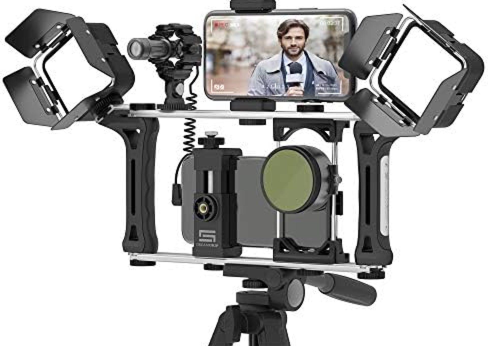 DREAMGRIP Evolution 2 MOJO Universal Modular Video Rig for All Smartphones, DSLR, Action Cameras – Complete Journalist Kit w/52-37-17mm Optics Adapter/Hood/2Filters/Gun Microphone/2LED Lights,etc DREAMGRIP Evolution 2 MOJO Universal Modular Video Rig for All Smartphones, DSLR, Action Cameras – Complete Journalist Kit w/52-37-17mm Optics Adapter/Hood/2Filters/Gun Microphone/2LED Lights,etc