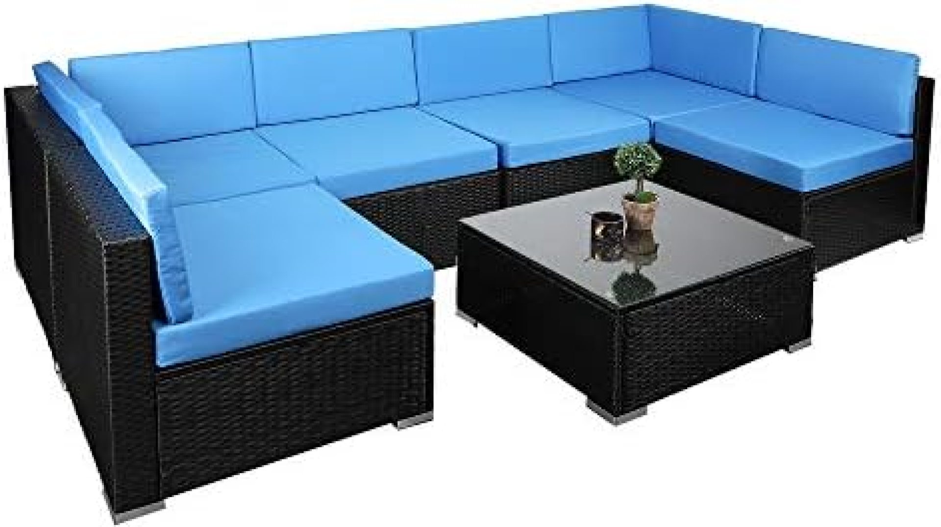 MU 7 Pieces Patio Furniture Sets Outdoor, Black Wicker PE Rattan Patio Conversation Sets with Blue Cushions and Tempered Glass Tea Table MU 7 Pieces Patio Furniture Sets Outdoor, Black Wicker PE Rattan Patio Conversation Sets with Blue Cushions and Tempered Glass Tea Table