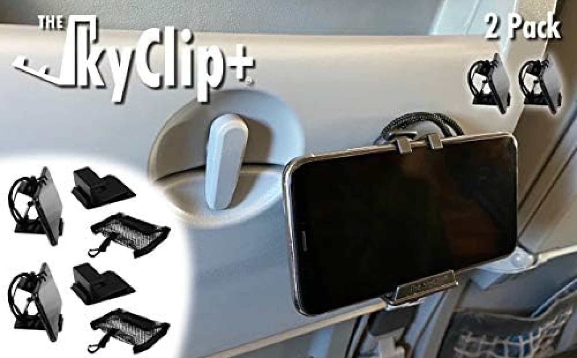The SkyClip+ Phone & Tablet Holder for Air Travel, Home and Office Use – Inflight Phone Mount & Stand Compatible with iPhone, Android, Kindle and Tablets – Travel Accessory (Black & Black, 2 Pack) The SkyClip+ Phone & Tablet Holder for Air Travel, Home and Office Use – Inflight Phone Mount & Stand Compatible with iPhone, Android, Kindle and Tablets – Travel Accessory (Black & Black, 2 Pack)