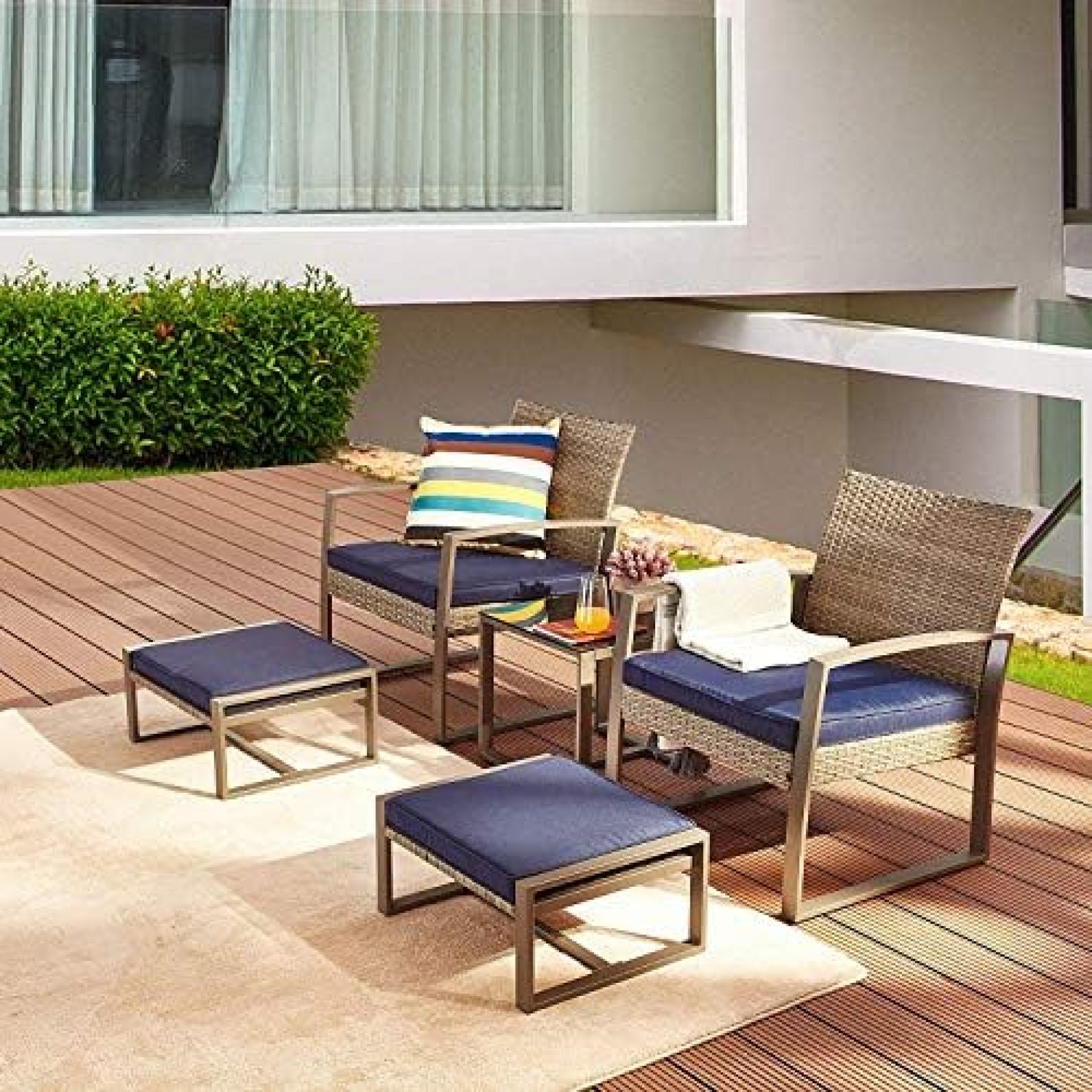 LOKATSE HOME 5-Piece Wicker Outdoor Conversation Set Patio Furniture PE Rattan All Weather Cushioned Chairs Balcony Porch with Ottoman and Glass Coffee Side Table, Blue LOKATSE HOME 5-Piece Wicker Outdoor Conversation Set Patio Furniture PE Rattan All Weather Cushioned Chairs Balcony Porch with Ottoman and Glass Coffee Side Table, Blue