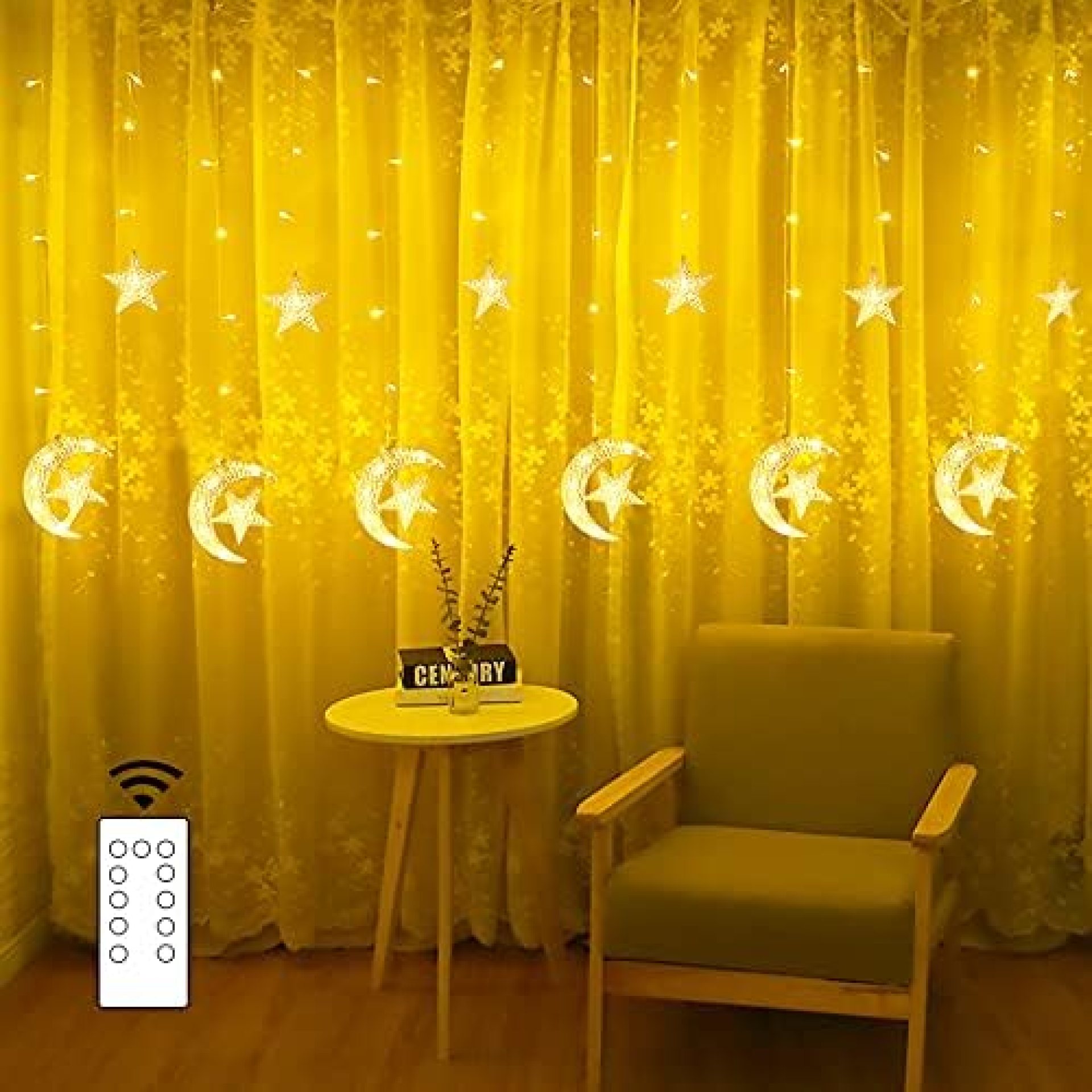 Moon and Star Curtain String Light, Connectable 138 LEDs Fairy Lights with Remote Control 8 Modes Plug in for Halloween Christmas Eid Bedroom Window Backdrop Fireplace Party Decoration Moon and Star Curtain String Light, Connectable 138 LEDs Fairy Lights with Remote Control 8 Modes Plug in for Halloween Christmas Eid Bedroom Window Backdrop Fireplace Party Decoration