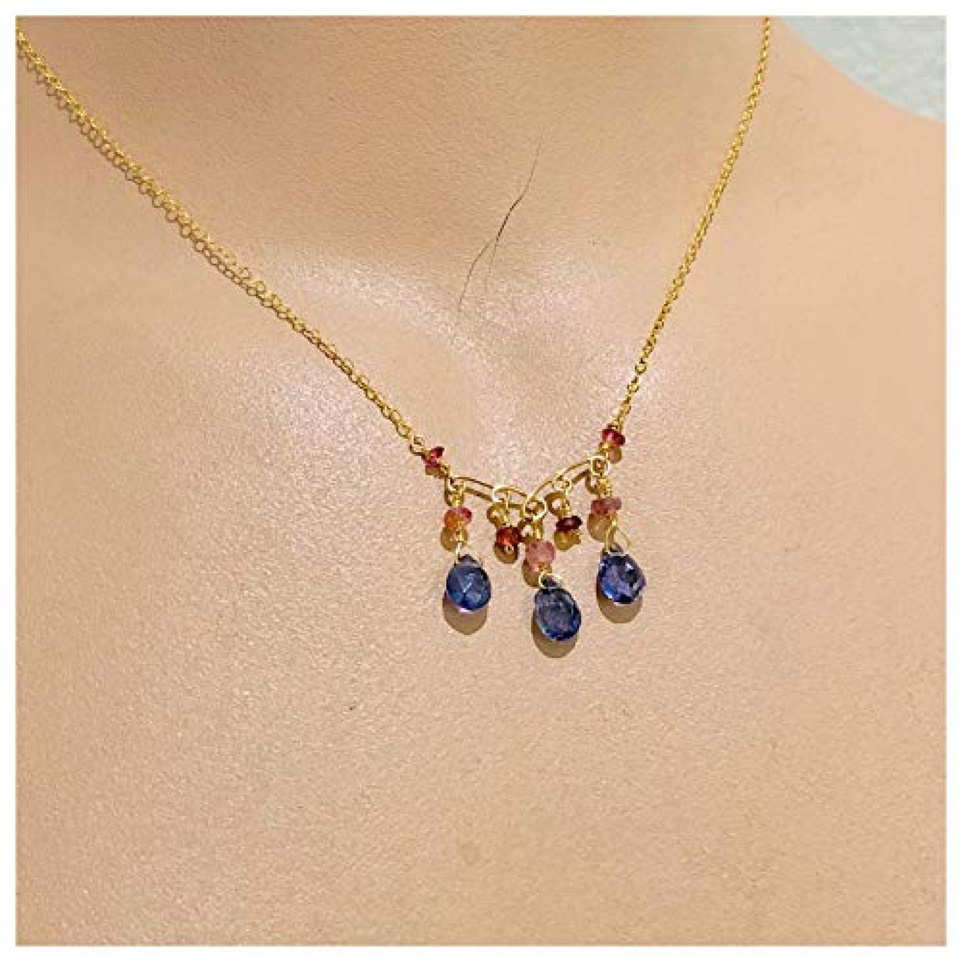 Tanzanite, Tourmaline, Garnet delicate Gold Scrollwork necklace by Gem Bliss Jewelry Tanzanite, Tourmaline, Garnet delicate Gold Scrollwork necklace by Gem Bliss Jewelry