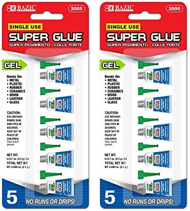 BAZIC Super Glue Gel 0.5g, Clear No Run Gel, Fast Dry Mini Small Tube Adhesive Bonding for Office & Home Improvement (5/Pack), 2-Packs BAZIC Super Glue Gel 0.5g, Clear No Run Gel, Fast Dry Mini Small Tube Adhesive Bonding for Office & Home Improvement (5/Pack), 2-Packs