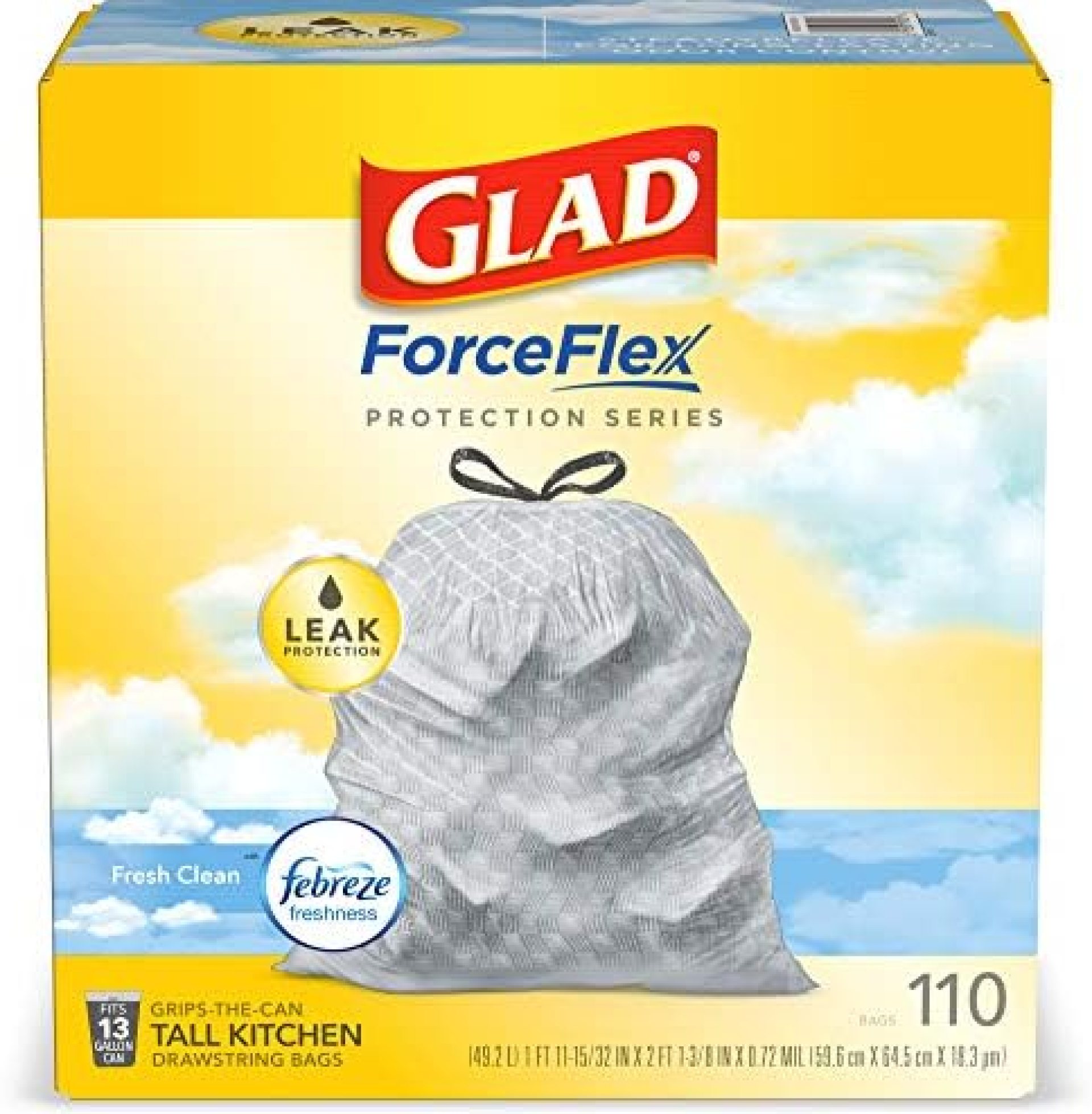Glad ForceFlex Protection Series Tall Kitchen Trash Bags, 13 Gal, Fresh Clean with Febreze, 110 Ct (Package May Vary) Glad ForceFlex Protection Series Tall Kitchen Trash Bags, 13 Gal, Fresh Clean with Febreze, 110 Ct (Package May Vary)
