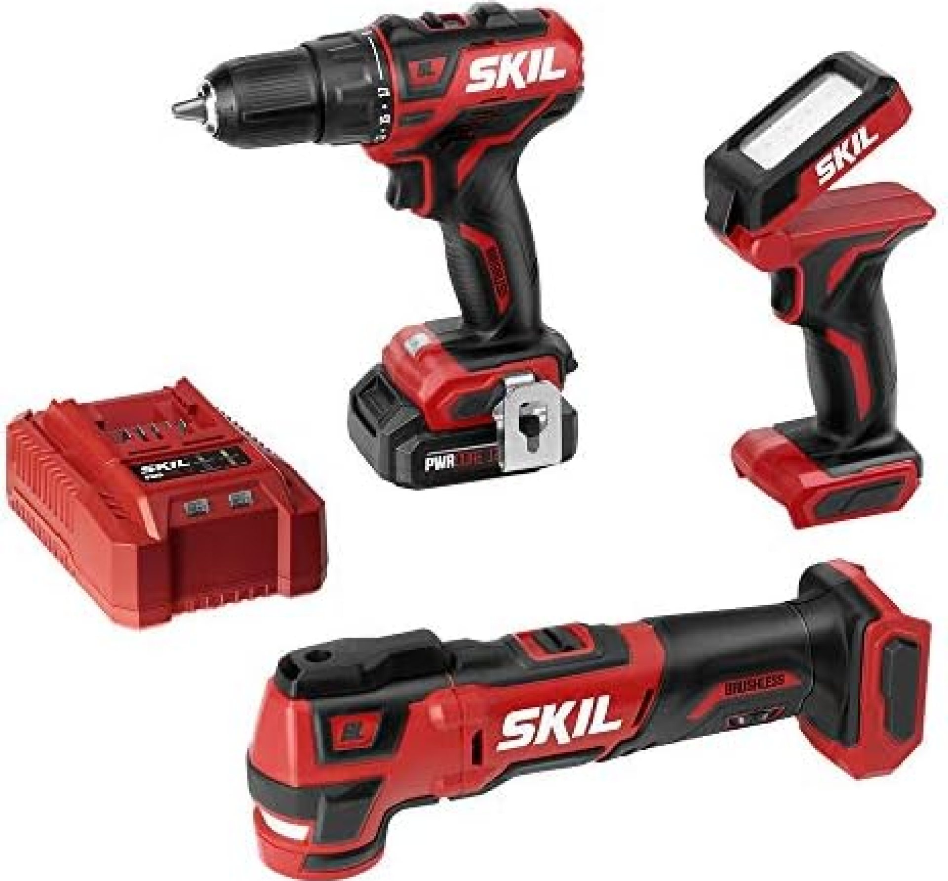 SKIL 3-Tool Kit: PWRCore 12 Brushless 12V 1/2 Inch Cordless Drill Driver, Oscillating MultiTool and Area Light, Includes 2.0Ah Lithium Battery and Standard Charger – CB738701 SKIL 3-Tool Kit: PWRCore 12 Brushless 12V 1/2 Inch Cordless Drill Driver, Oscillating MultiTool and Area Light, Includes 2.0Ah Lithium Battery and Standard Charger – CB738701
