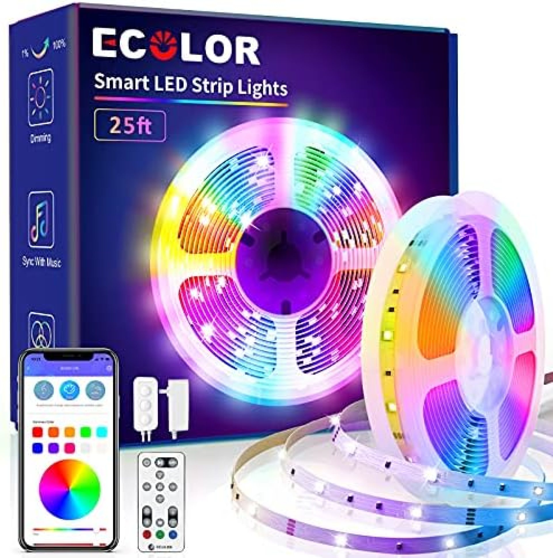 ECOLOR 25ft LED Strip Lights, Music Sync Color Changing Lights, Smart Light Strips with Bluetooth App Control and IR Remote, 5050 RGB LED Lights for Bedroom, Party, Home Decoration ECOLOR 25ft LED Strip Lights, Music Sync Color Changing Lights, Smart Light Strips with Bluetooth App Control and IR Remote, 5050 RGB LED Lights for Bedroom, Party, Home Decoration