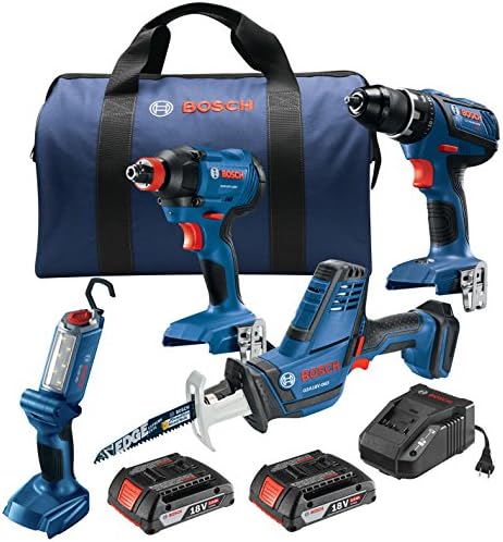 Bosch GXL18V-496B22 18V 4-Tool Combo Kit with Compact Tough 1/2 In. Drill/Driver, 1/4 In. and 1/2 In. Two-In-One Bit/Socket Impact Driver, Compact Reciprocating Saw and LED Worklight Bosch GXL18V-496B22 18V 4-Tool Combo Kit with Compact Tough 1/2 In. Drill/Driver, 1/4 In. and 1/2 In. Two-In-One Bit/Socket Impact Driver, Compact Reciprocating Saw and LED Worklight