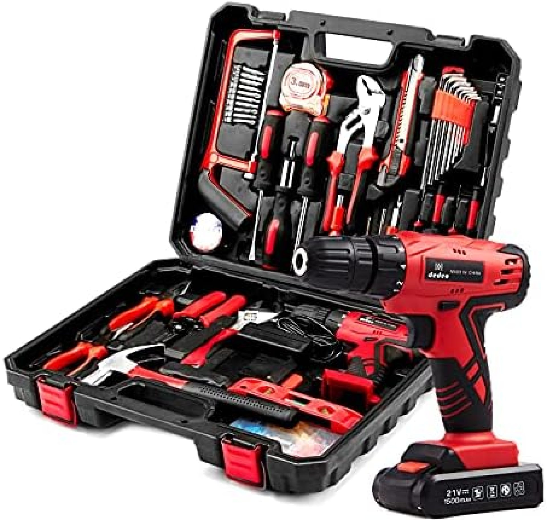 Dedeo Tool Set with Drill, Cordless Hammer Drill Tool Kit 110Pcs Household Power Tools Drill Set with 21V Li-Ion Battery & Charger for Home Tool Kit Dedeo Tool Set with Drill, Cordless Hammer Drill Tool Kit 110Pcs Household Power Tools Drill Set with 21V Li-Ion Battery & Charger for Home Tool Kit