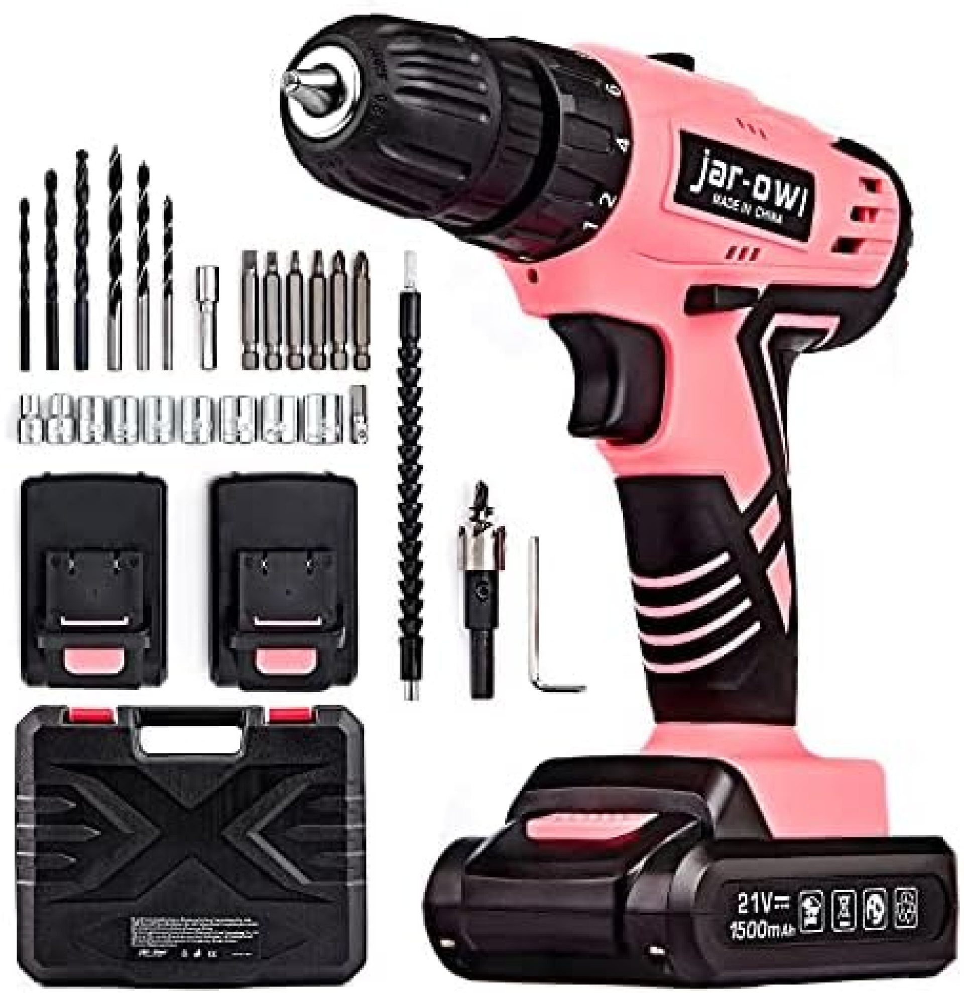 jar-owl 21V Pink Tool Set with Drill, Cordless Drill/Driver Set with 3/8 Inch Keyless Chuck,1.5AH 2PCS Battery and Charger for Home Tool Kit jar-owl 21V Pink Tool Set with Drill, Cordless Drill/Driver Set with 3/8 Inch Keyless Chuck,1.5AH 2PCS Battery and Charger for Home Tool Kit