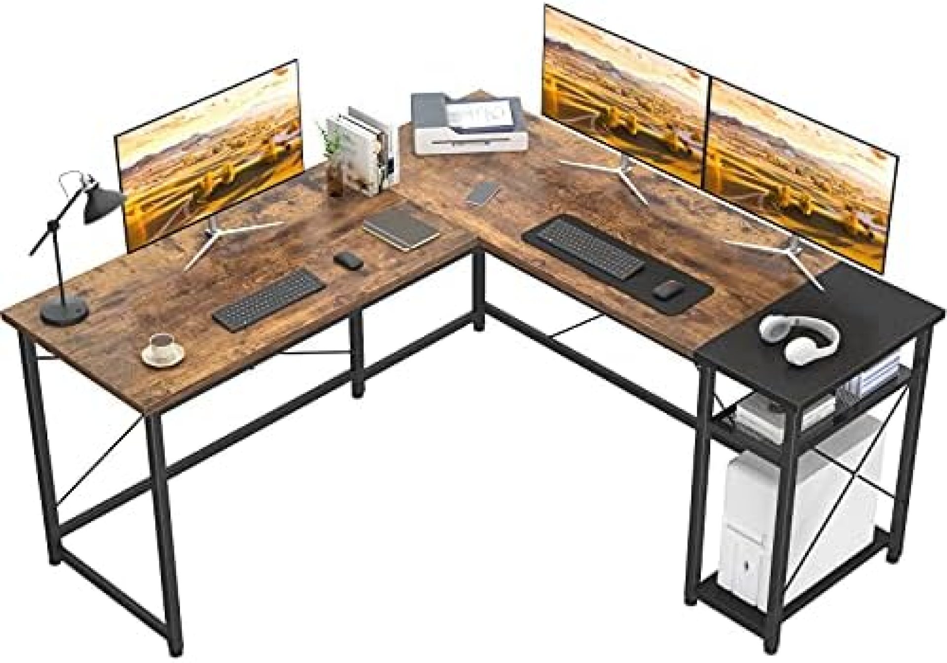 Karcog L Shaped Desk Corner Computer Desk, Industrial L-Shaped Office Desk with Storage Shelves, Large Gaming Desk Sturdy Writing Desk for Small Space, Rustic Brown and Black Karcog L Shaped Desk Corner Computer Desk, Industrial L-Shaped Office Desk with Storage Shelves, Large Gaming Desk Sturdy Writing Desk for Small Space, Rustic Brown and Black